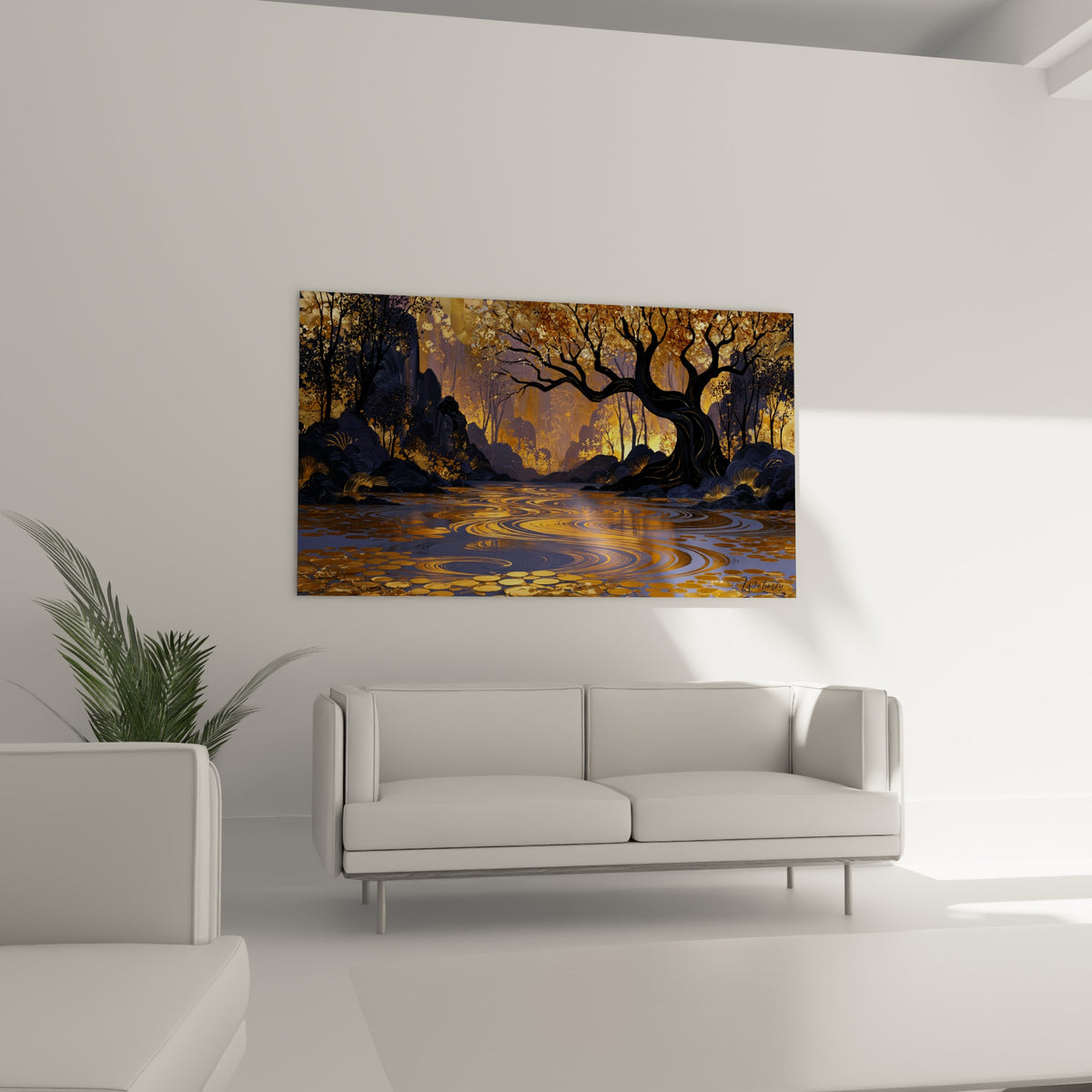 Paysage forestier ocre et anthracite avec eau mouvante placé au-dessus d'un canapé dans un salon lumineux