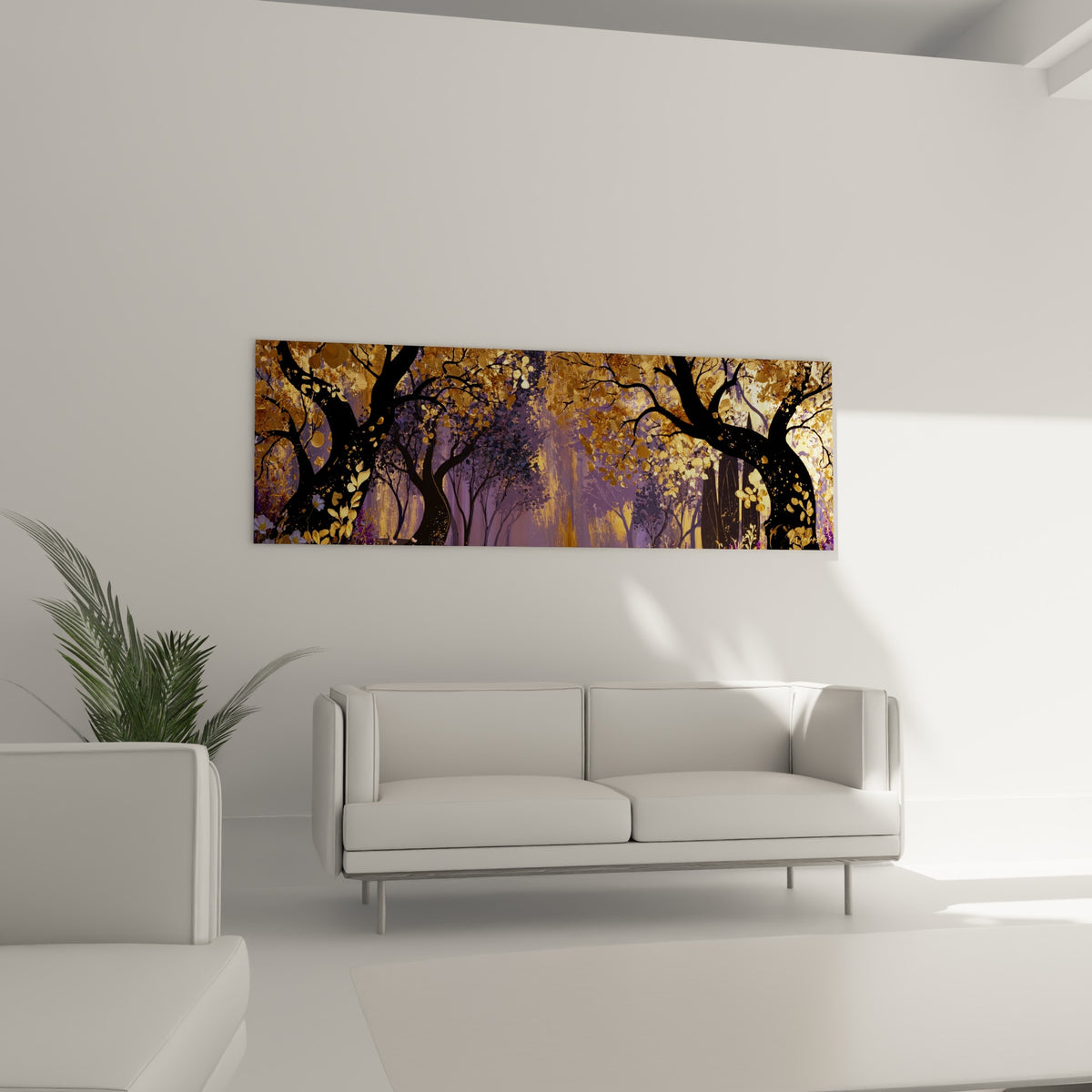 Frondaisons ocre et mauve d'une forêt mystique, suspendues au-dessus d'un canapé dans un salon lumineux