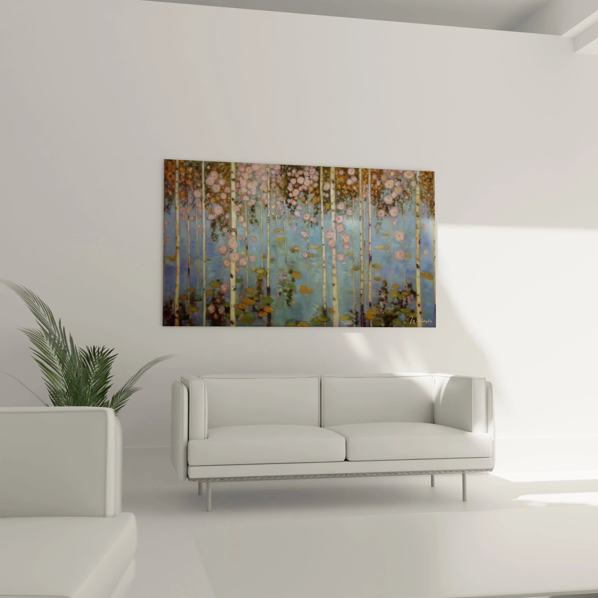 tableau forêt perle flottante accroché au dessus d un canapé blanc dans un salon minimaliste aux teintes bleues et florales