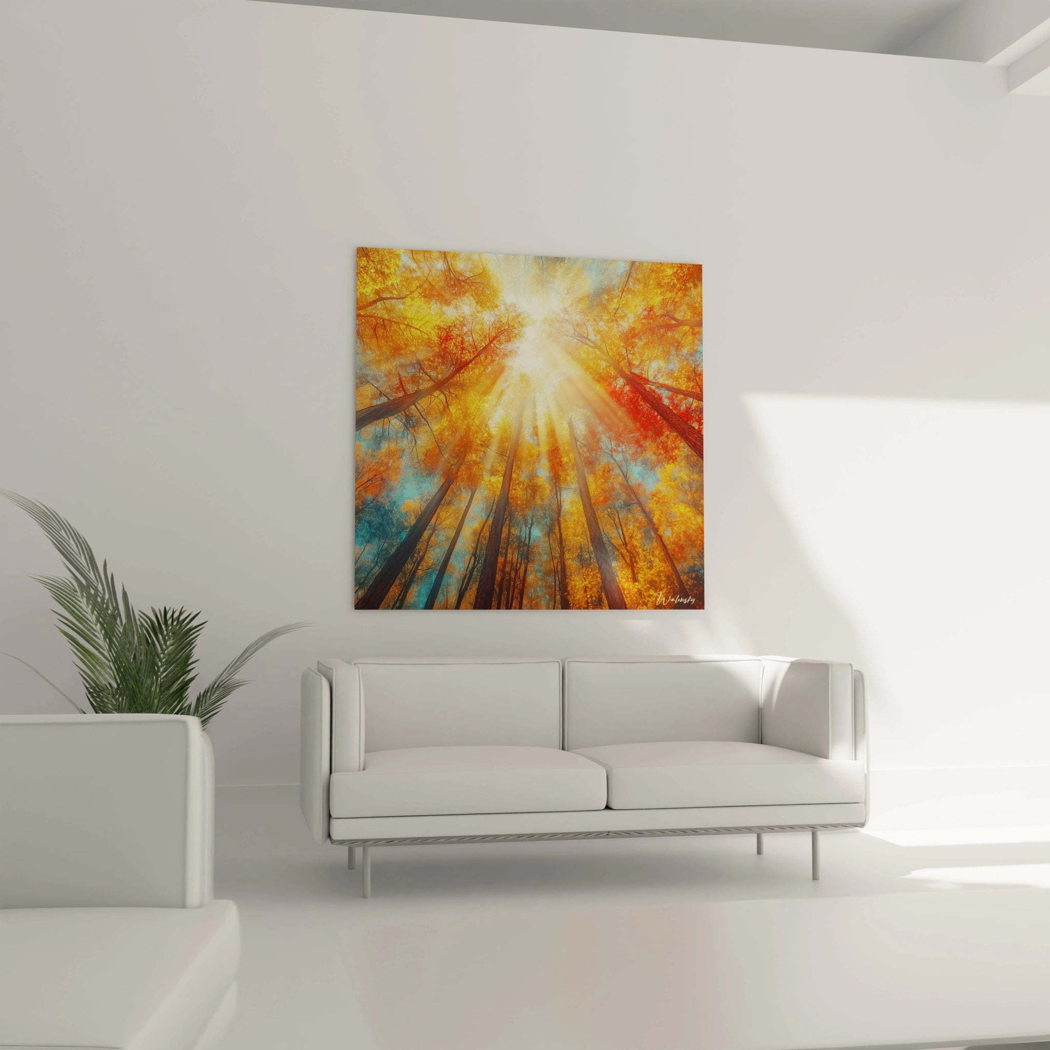 Tableau forêt Walensky lumineux avec arbres d'automne et rayons de soleil pour décoration murale