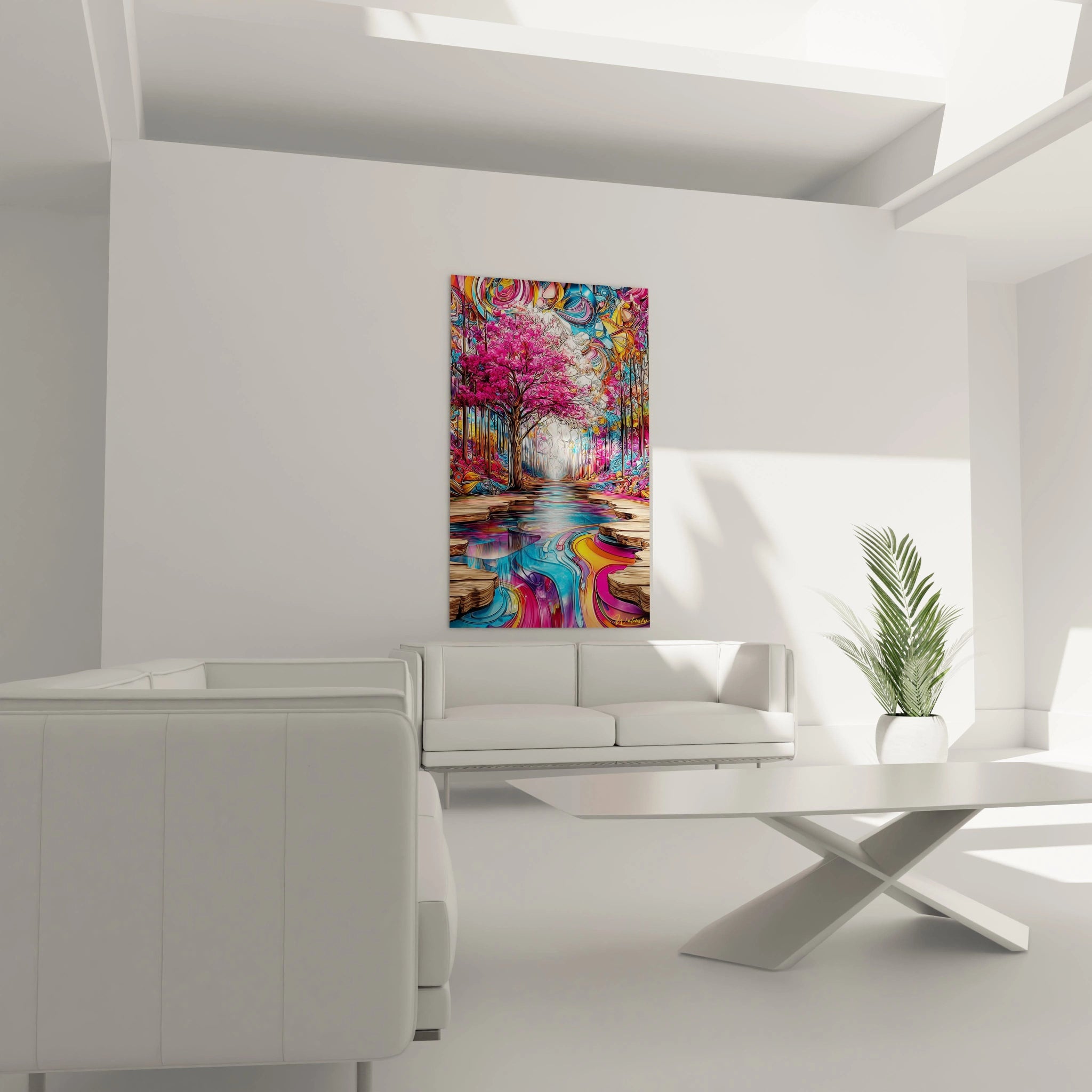 Détail tableau art psychédélique forêt, gros plan sur arbre rose et rivière arc-en-ciel multicolore
