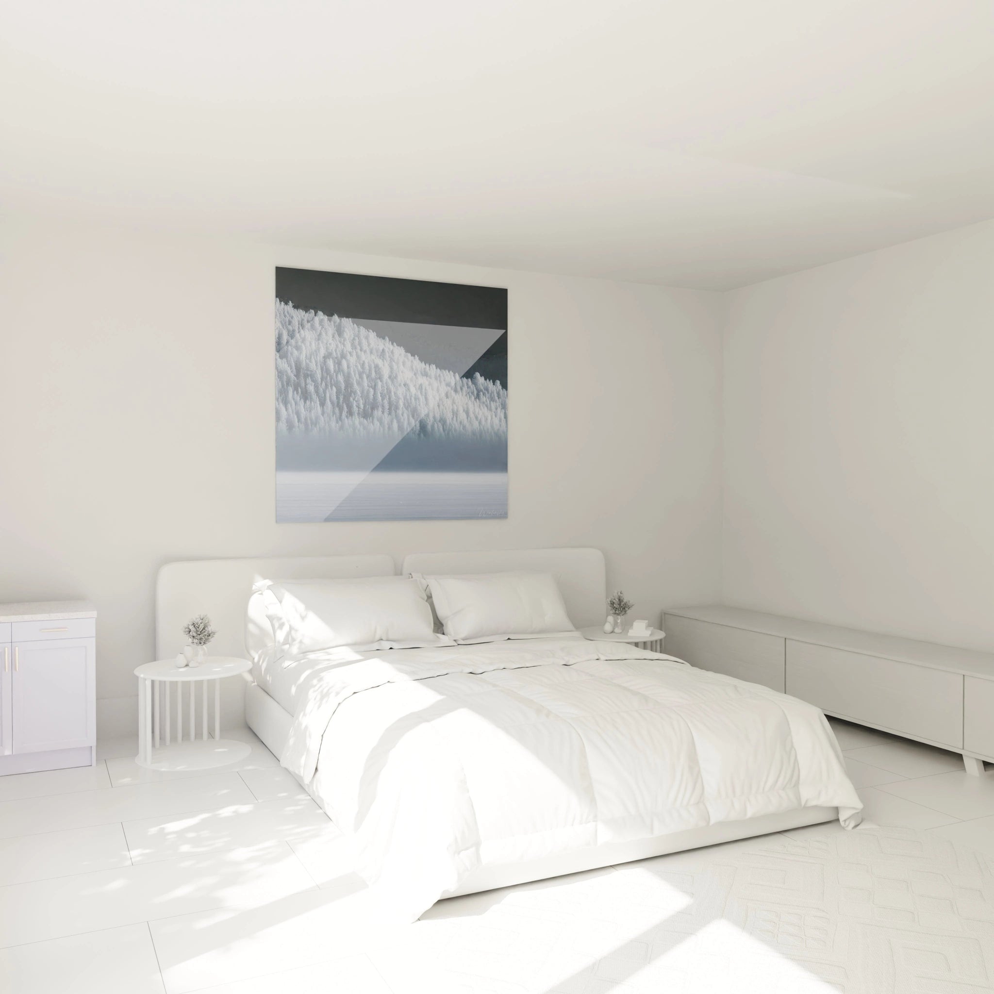 Walensky tableau forêt hiver mural montrant une forêt enneigée moderne au dessus d un lit minimaliste