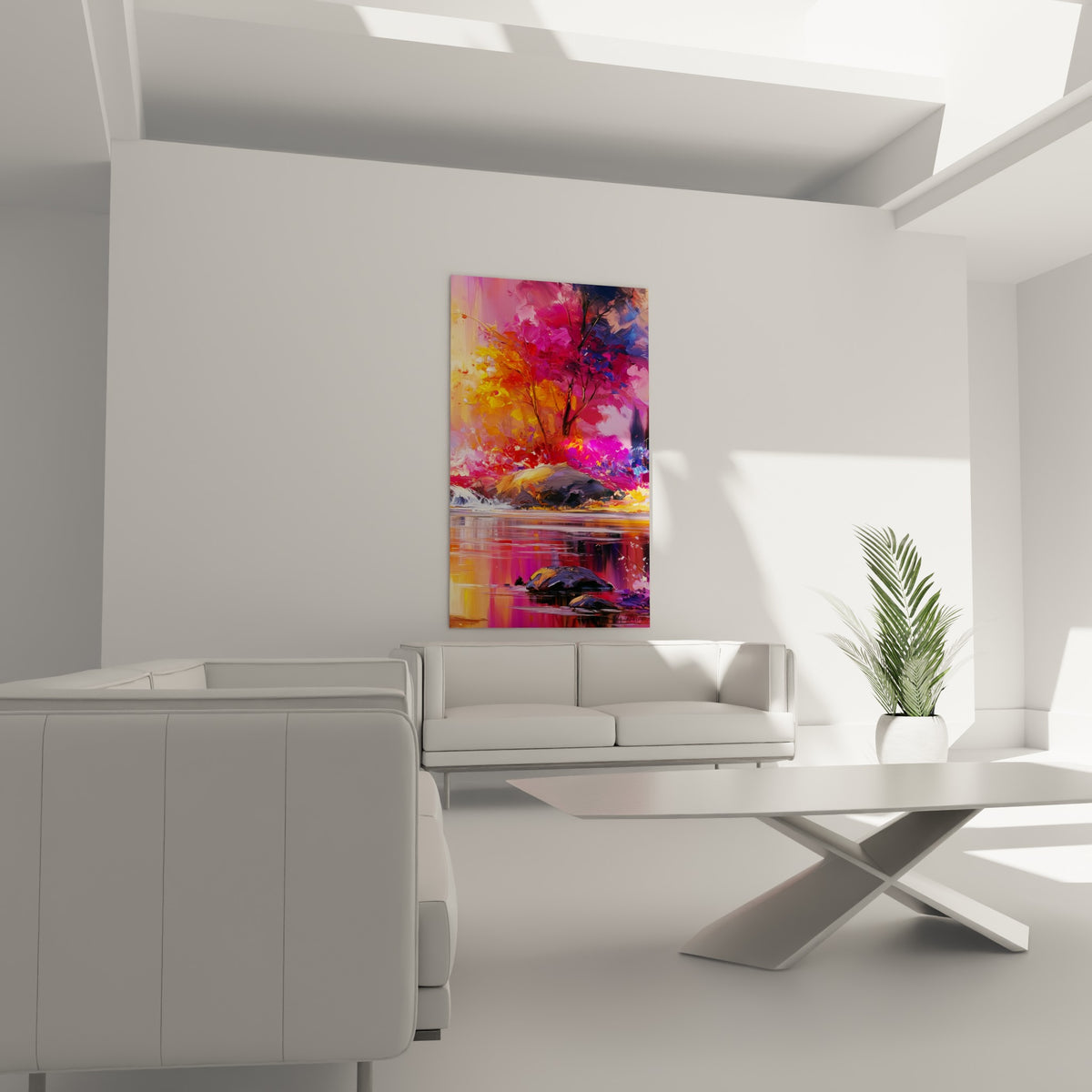 Rivage forêt orangé et bleu nuit, reflets d'eau intenses, accroché au-dessus d'un canapé dans un salon lumineux