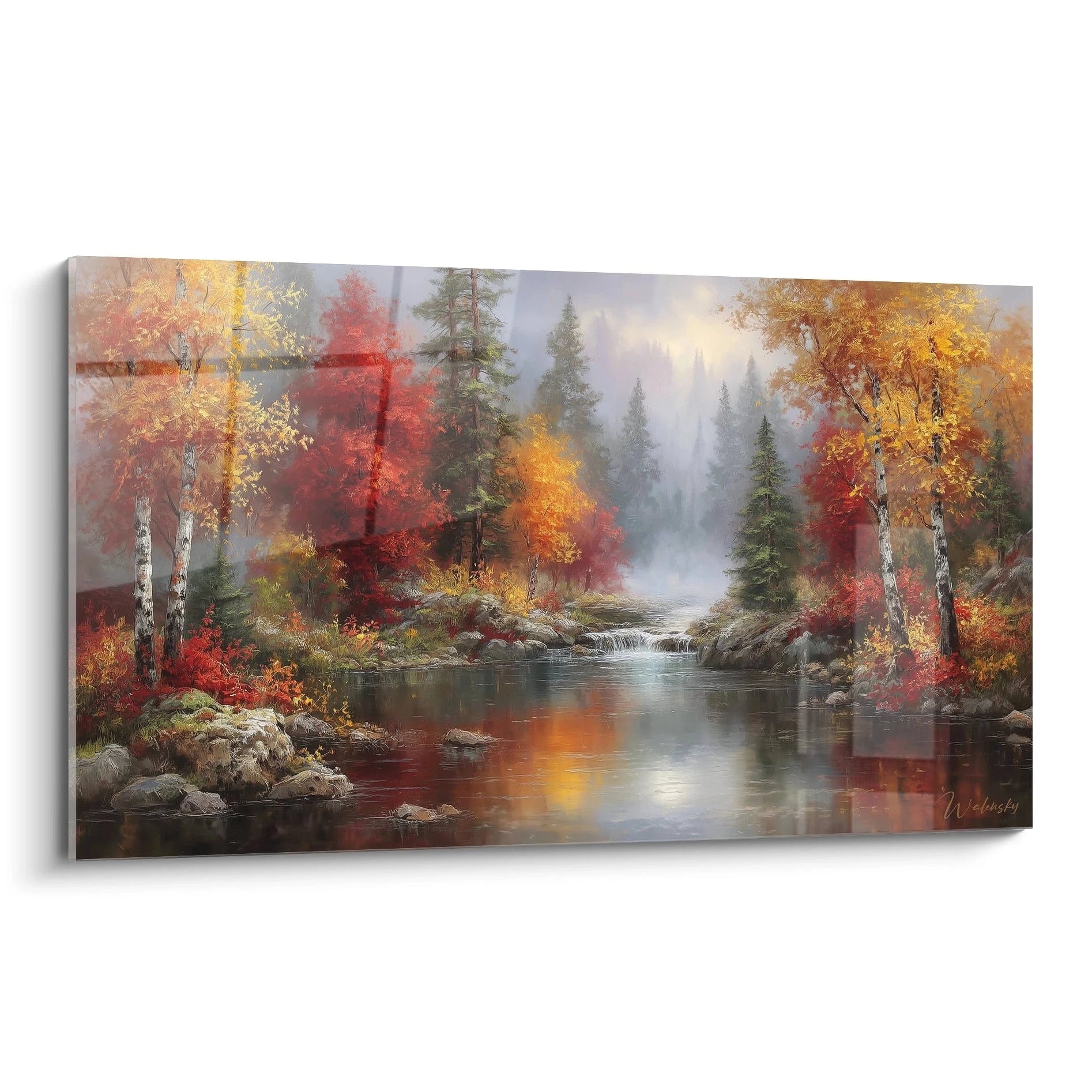 tableau forêt automnale Walensky paysage mural rivière brumeuse avec bouleaux et pins aux feuilles rouges orange reflet sur l eau