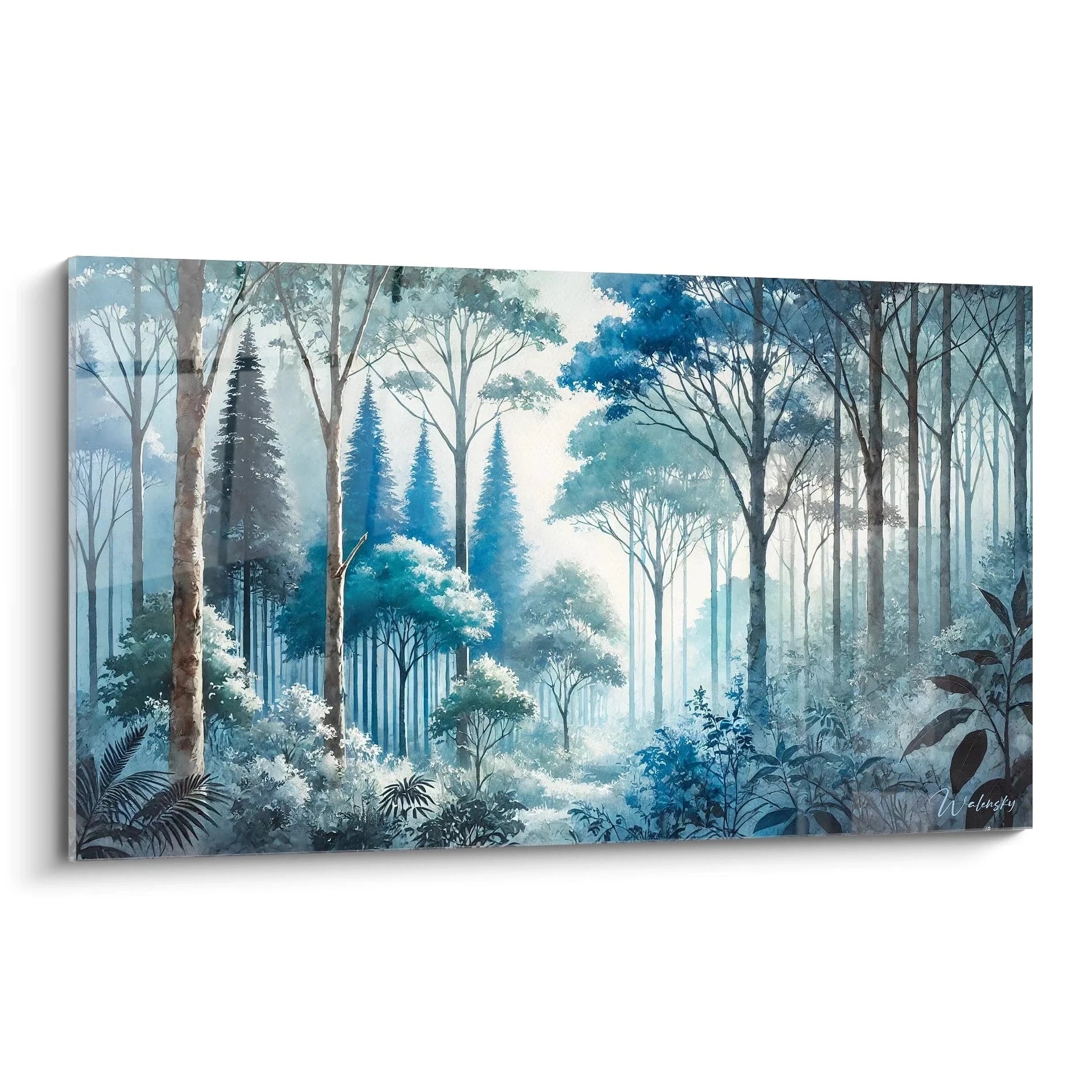 Tableau forêt en vue de biais capturant la serenite d un matin brumeux Filtrant a travers les arbres la lumiere apaise et reveille les nuances de bleu et de vert Mystique et realiste