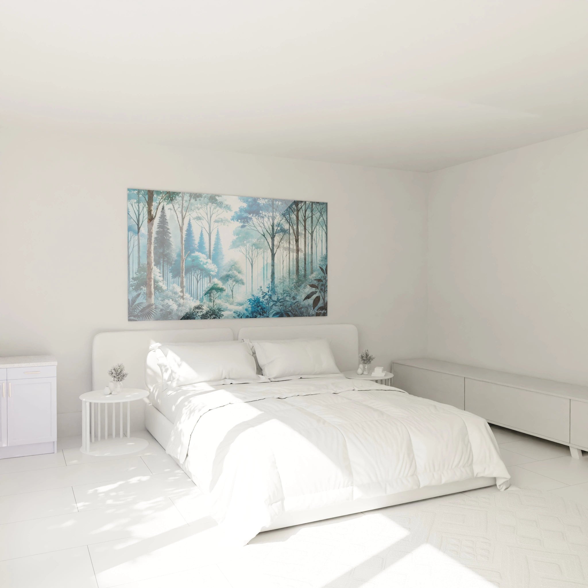 Tableau forêt suspendu dans une chambre offrant une ambiance apaisante Ses couleurs bleues et vertes ajoutent une touche de serenite parfaite pour un espace reposant et naturel