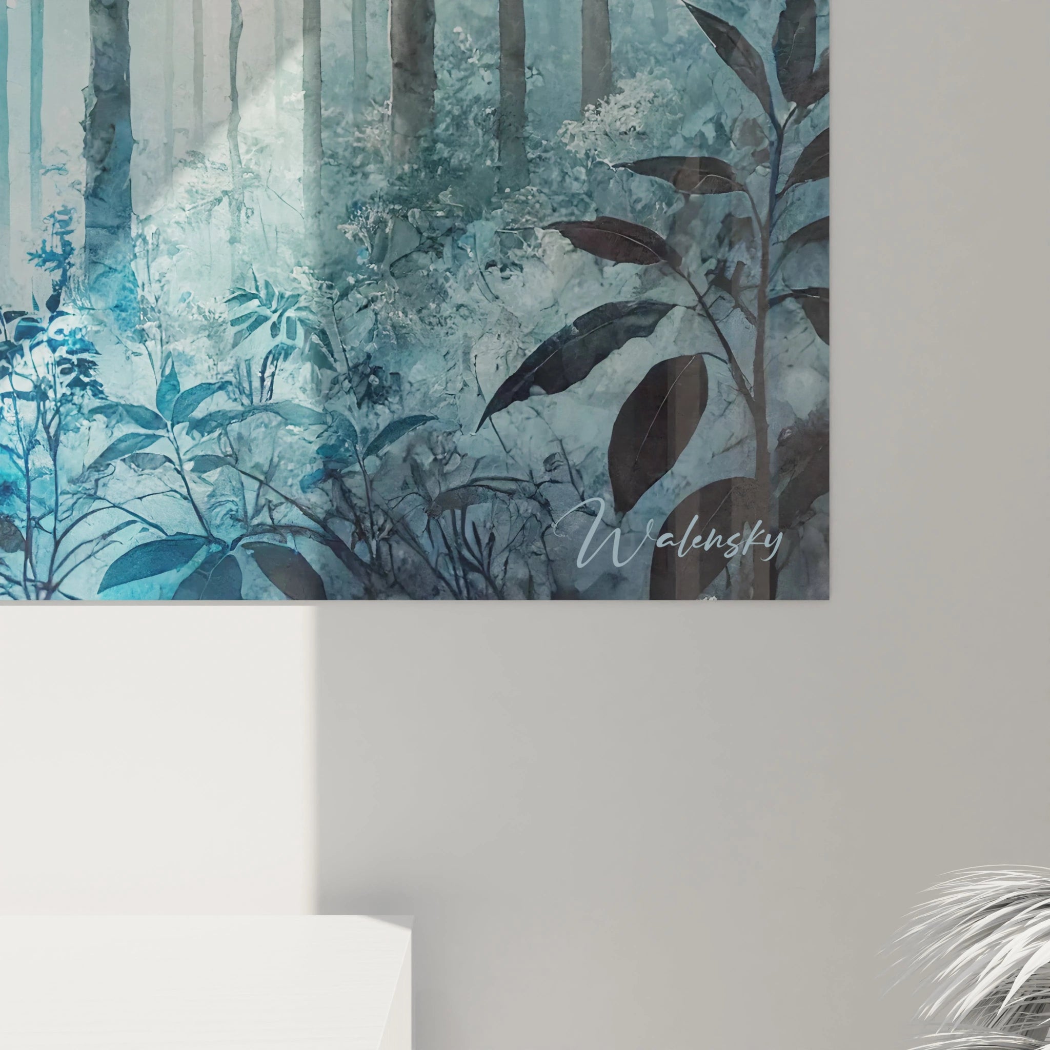 Vue de pres du tableau forêt ou la brume matinale enveloppe les arbres Atmosphere realiste et contemporaine ou le bleu et le vert offrent une profondeur onirique