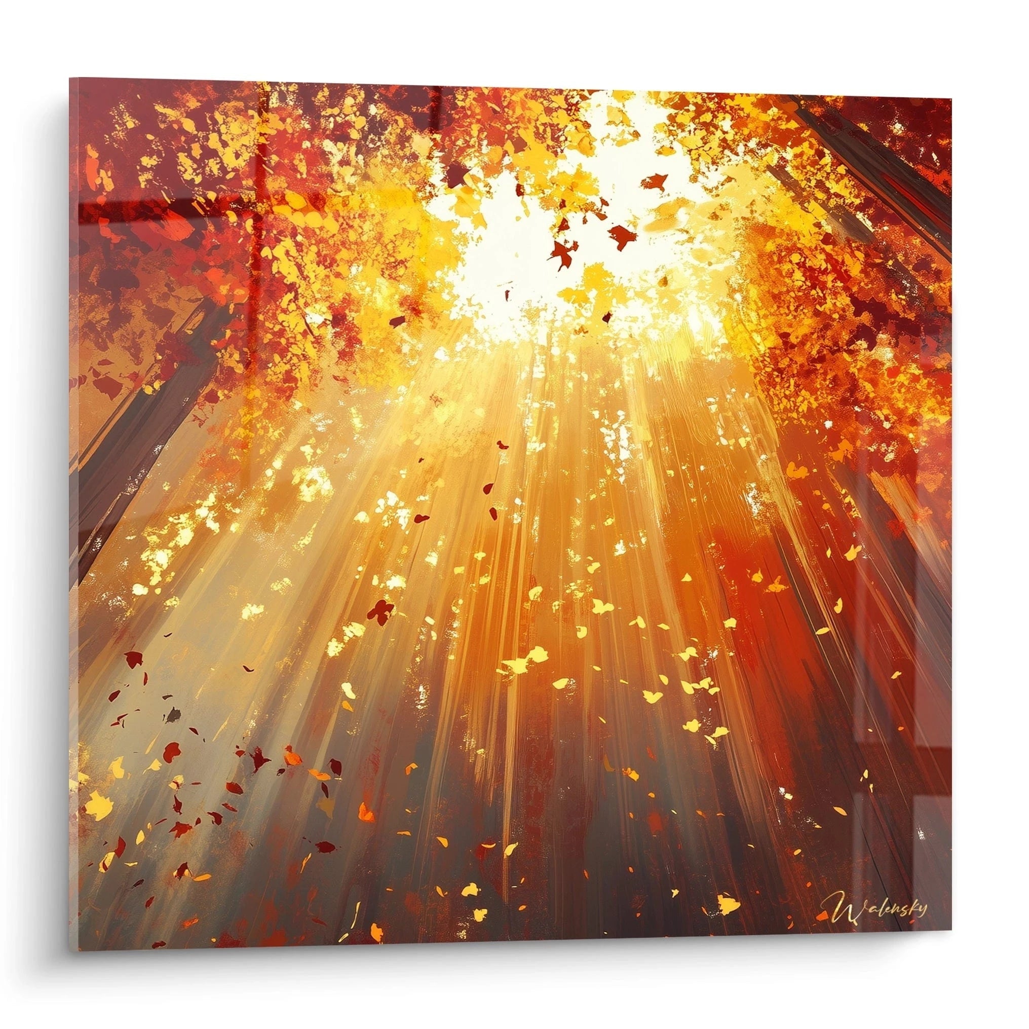 Tableau forêt Walensky illustrant des rayons de soleil filtrant à travers un feuillage d'automne aux couleurs chaudes