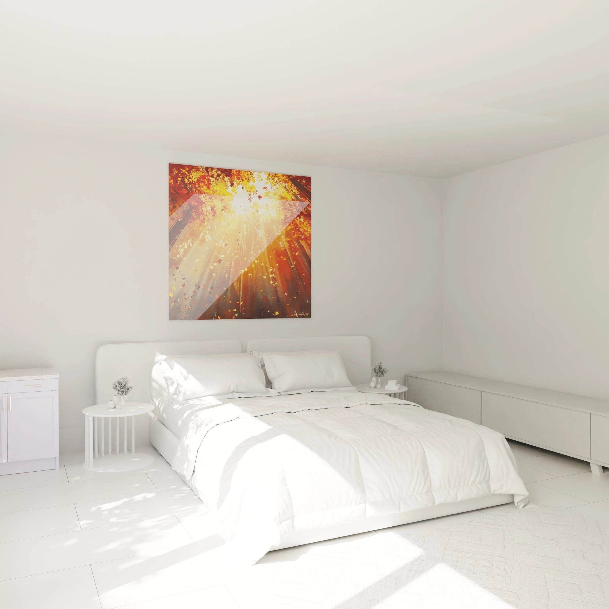 Tableau forêt Walensky avec lumière du soleil à travers les arbres accroché au-dessus d'un lit dans une chambre blanche