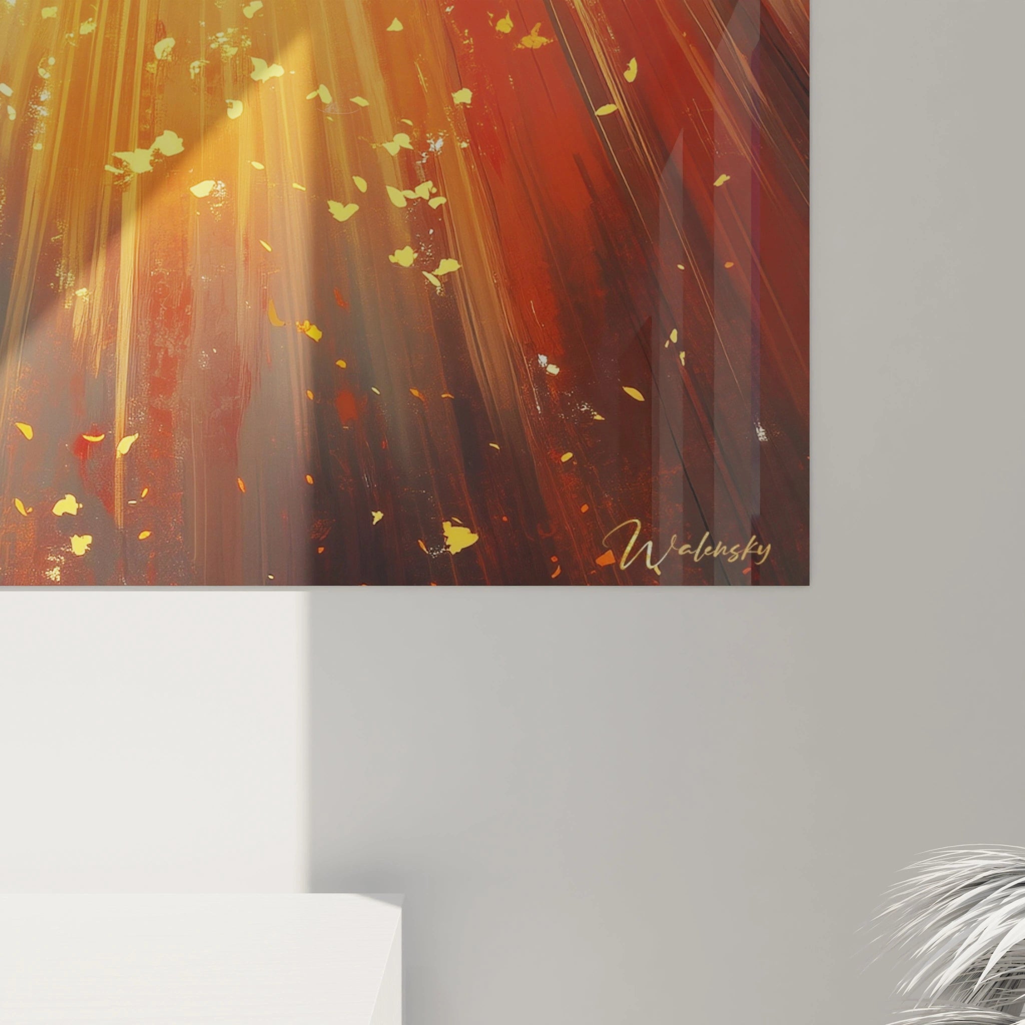 Tableau forêt Walensky avec rayons de lumière dorée et feuilles flottantes sur fond orange et rouge