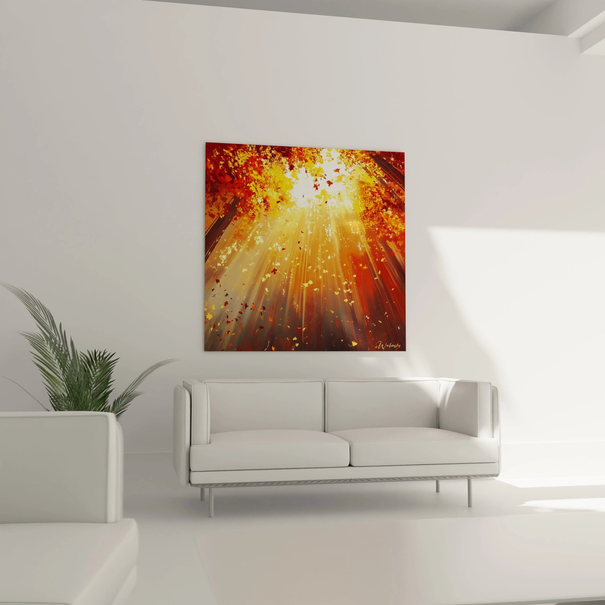 Tableau forêt Walensky représentant des rayons de soleil traversant des arbres aux feuilles rouges et orange