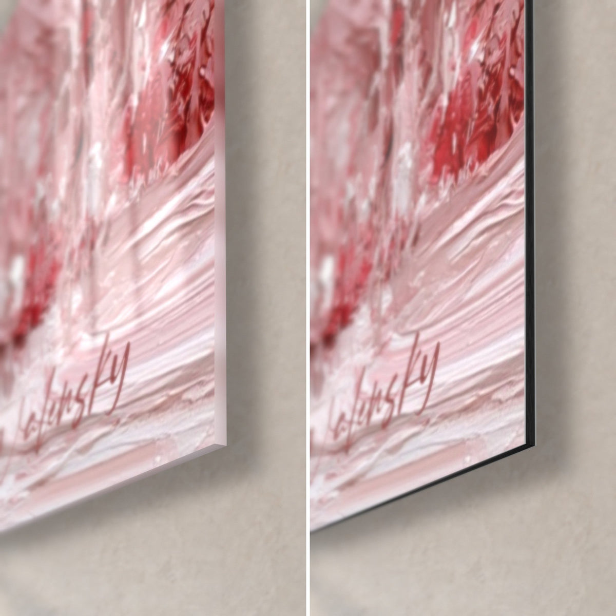Wall art trees in pink and white with thick impasto, Walensky signature, bottom right corner in glossy glass and matte black Dibond