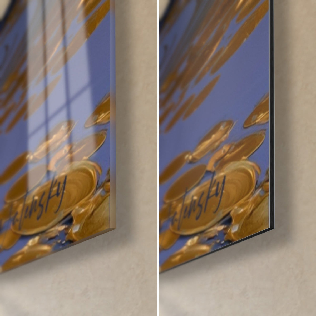 Quadro albero dorato su stagno blu notte, foglia d'oro su vetro acrilico lucido a sinistra, Dibond opaco a destra, spessore 3 mm