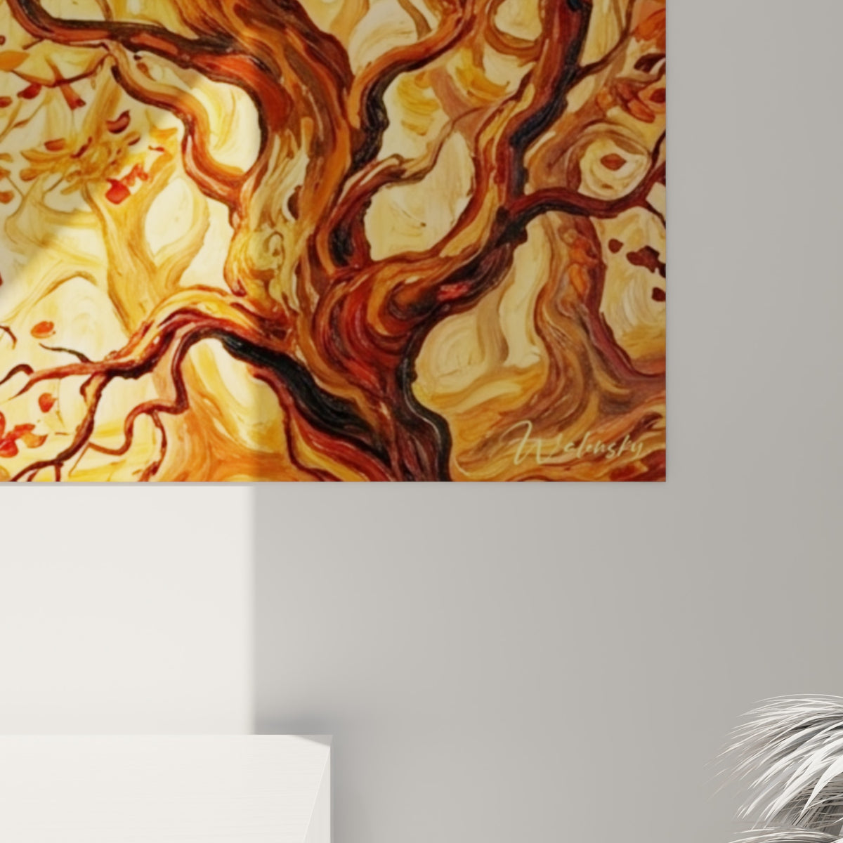 Empâtements orange vif et coulures brun anthracite visibles sur la toile du tableau Forêt