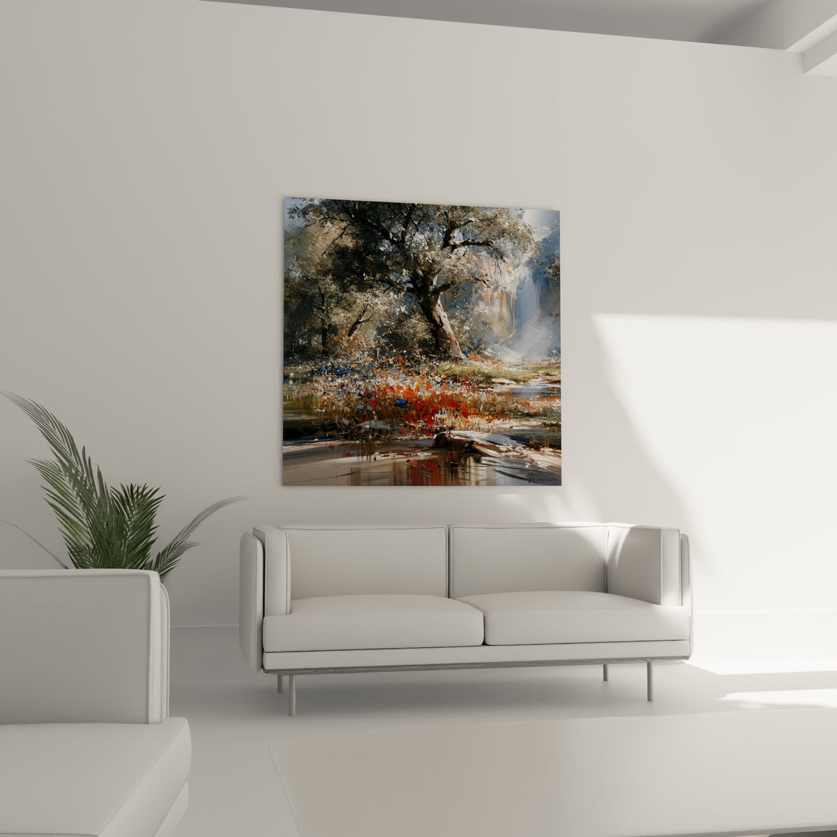 Fleurs sauvages rouges et bleues au pied d'un arbre argenté au-dessus d'un canapé dans un salon lumineux