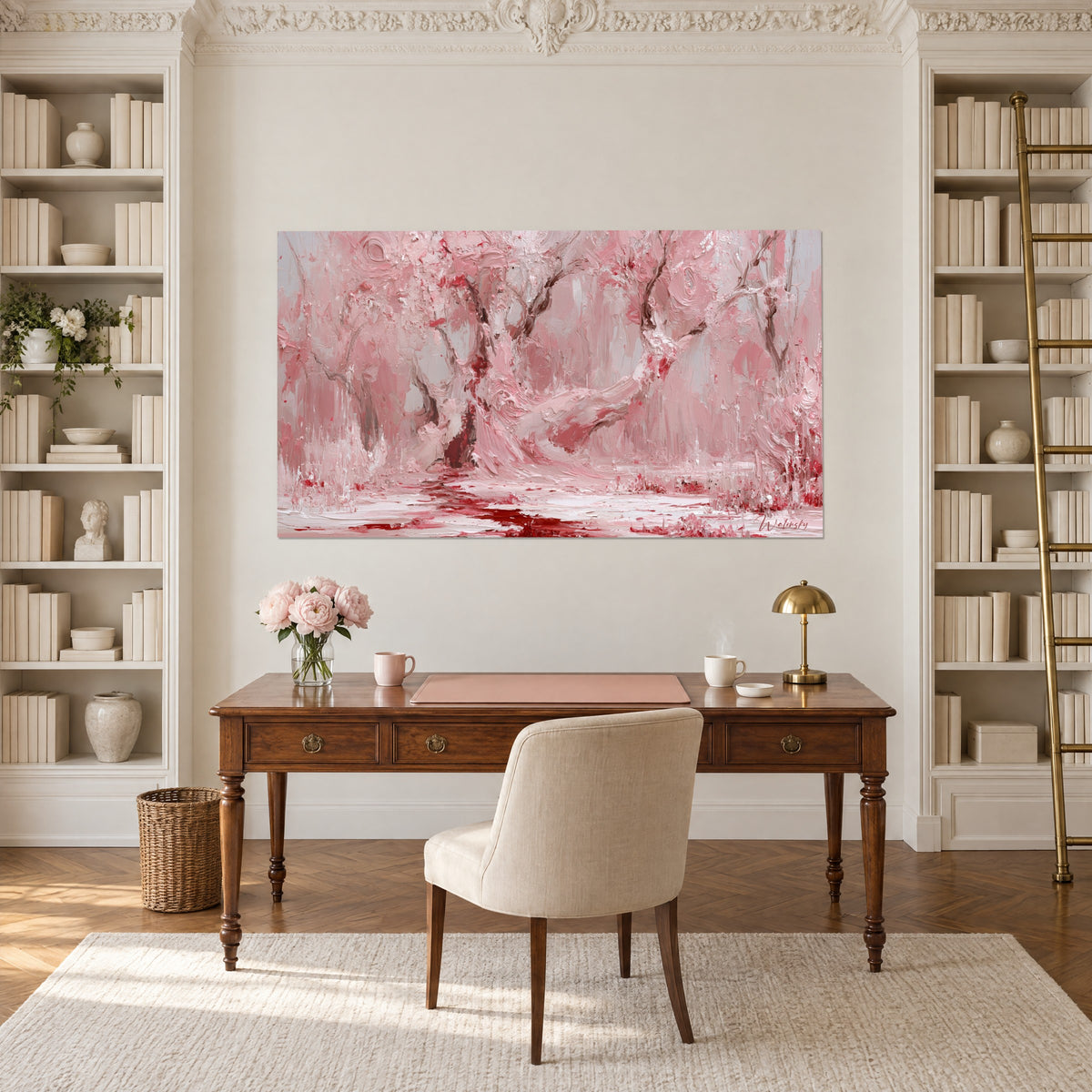 Wall art gnarled trunks in light pink and carmine, red pool on a white floor, on the wall of an office between two bookcases