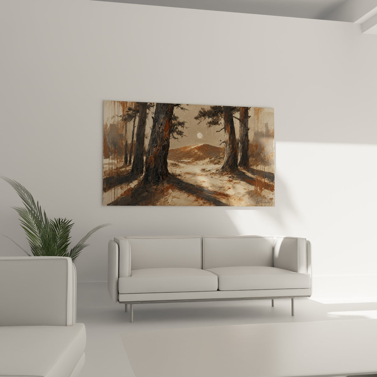 Clairière nocturne aux tons anthracite et terracotta, tableau forêt au-dessus d'un canapé dans un salon lumineux.