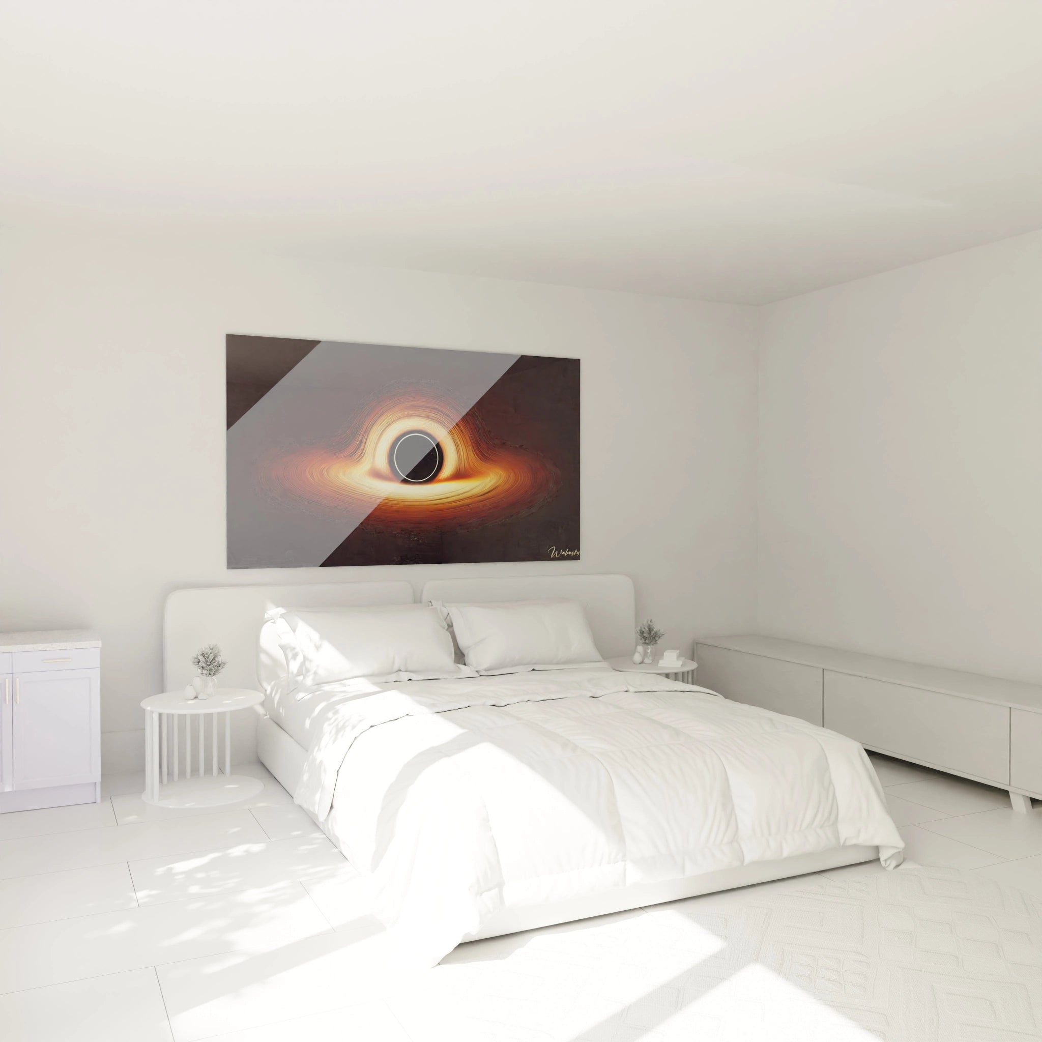 Dans cette chambre, le tableau univers ajoute une touche de serenite mystique. Accroche au-dessus du lit, il invite a explorer les merveilles cachees de l'espace et a rever grand.