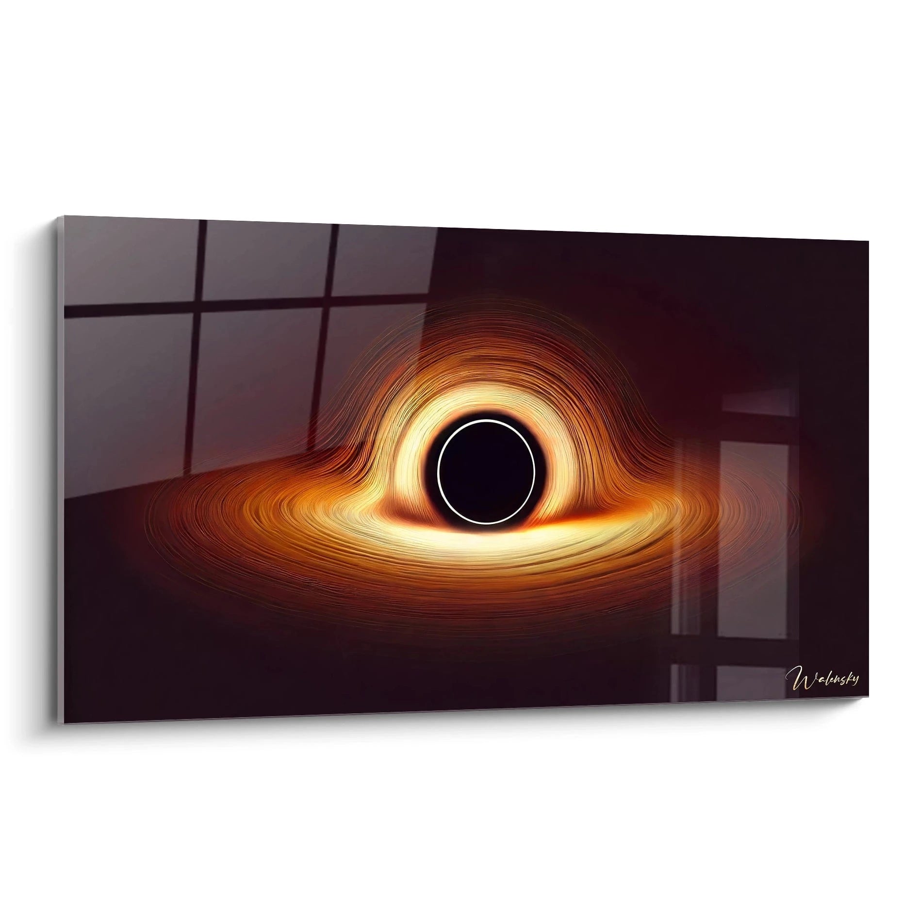 Ce tableau univers, vu de biais, revele sa profondeur cosmique. Les tourbillons de bronze et noir capturent l'essence du mystere spatial et offrent une perspective unique sur l'infini.