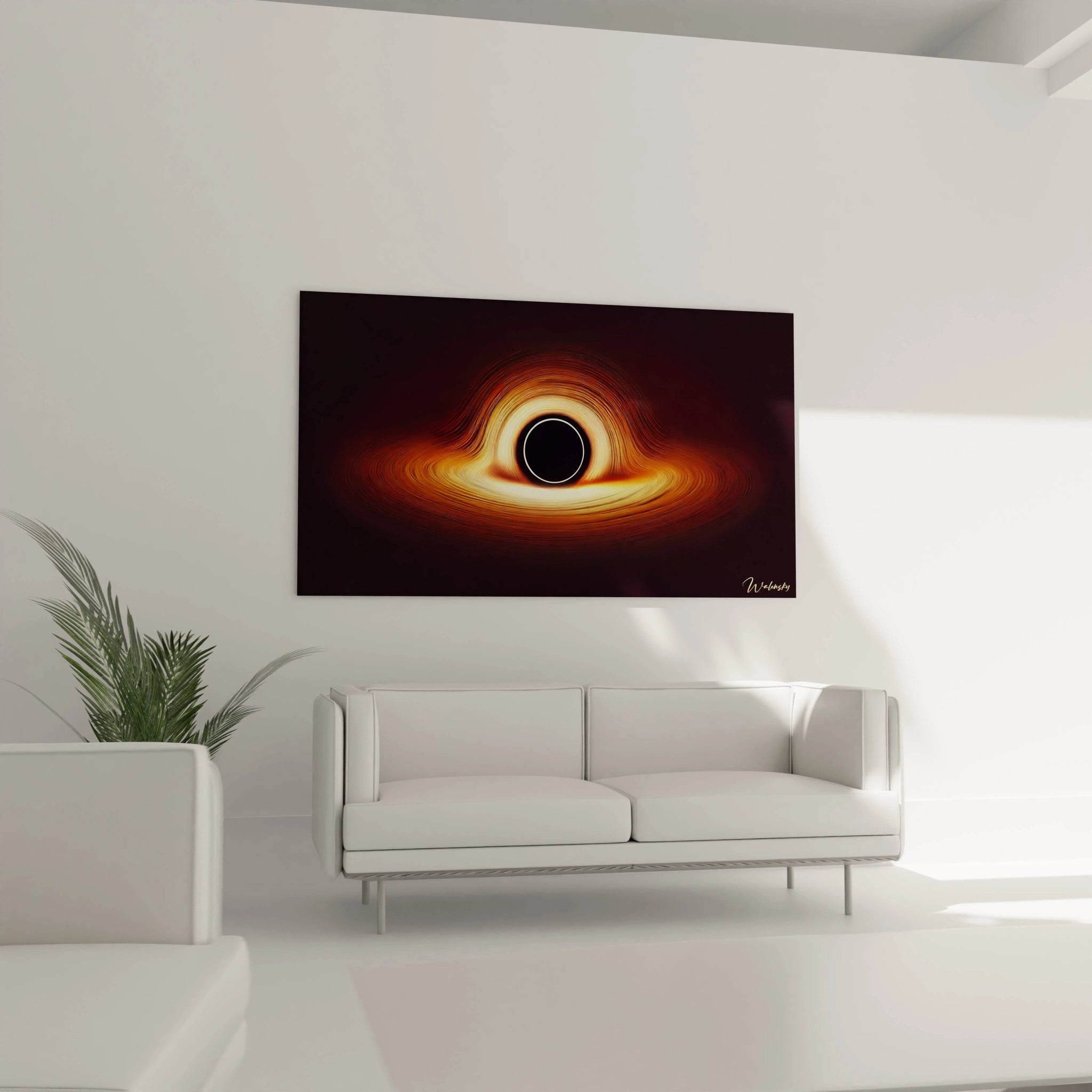 Sublime dans ce salon, le tableau univers attire le regard avec son energie cosmique. Place au-dessus du canape, il transforme l'espace en un veritable voyage galactique.