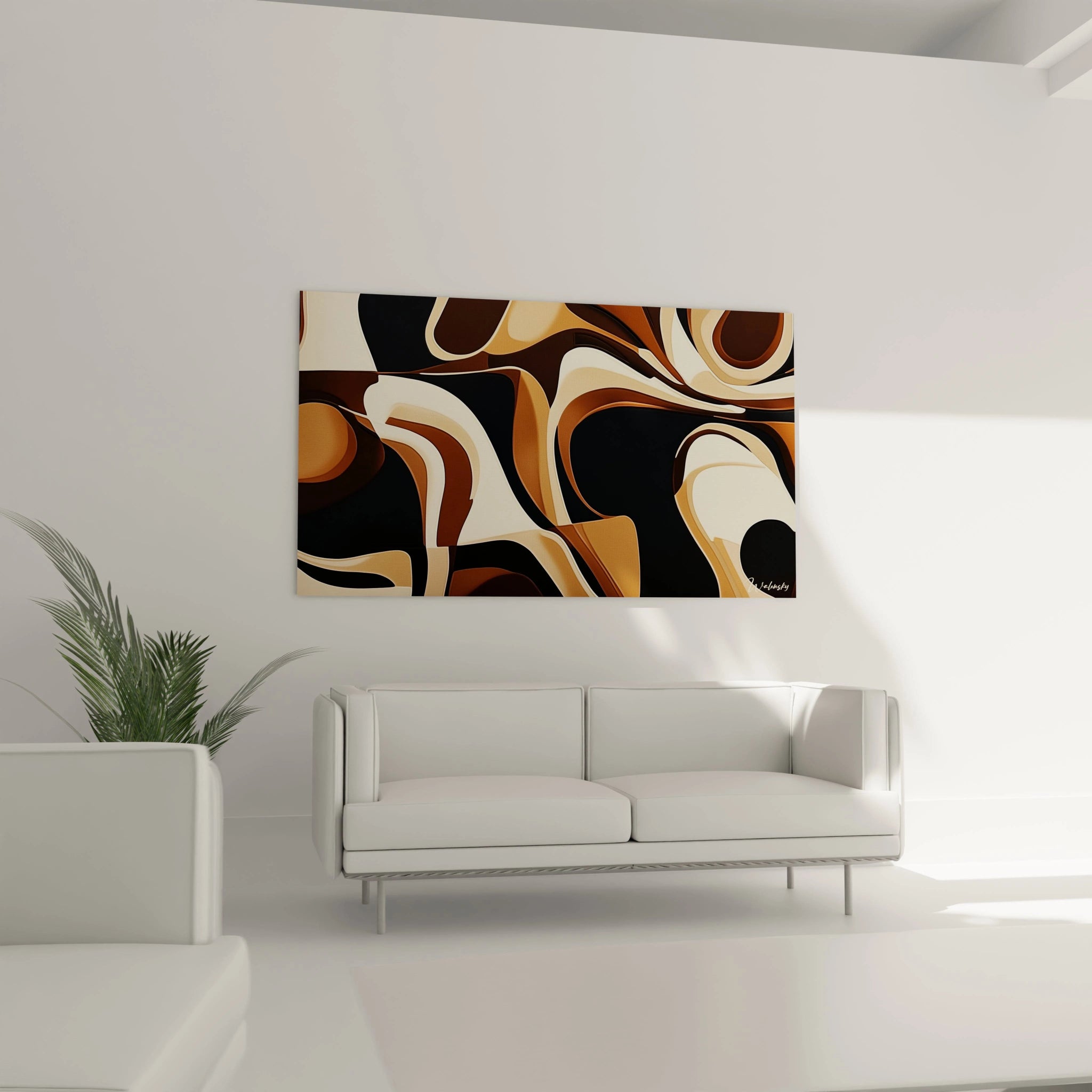 Tableau africain mural Walensky avec motifs abstraits en noirs, bruns et beiges dans un salon moderne