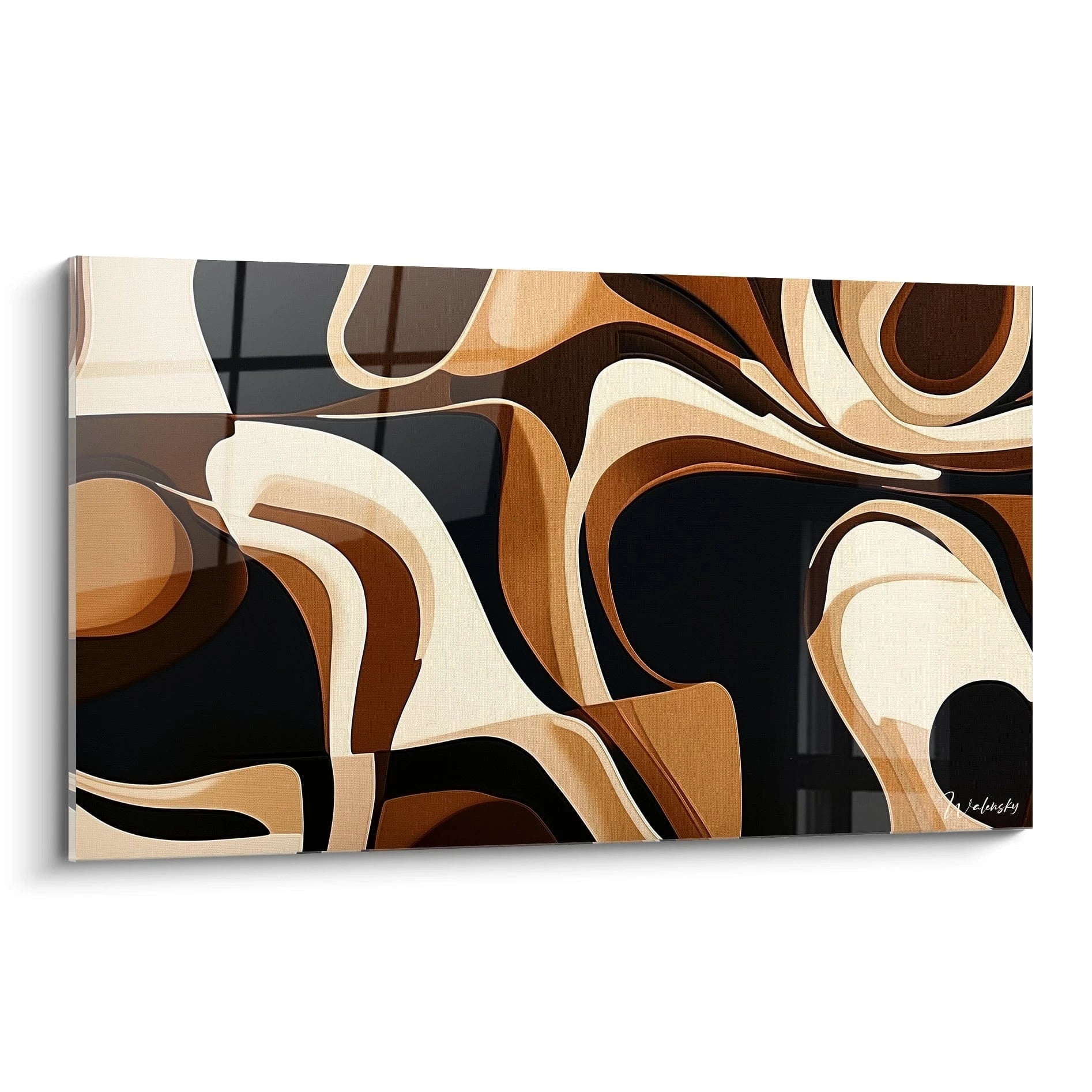 Tableau africain mural abstrait signé Walensky avec motifs fluides en tons bruns et noirs