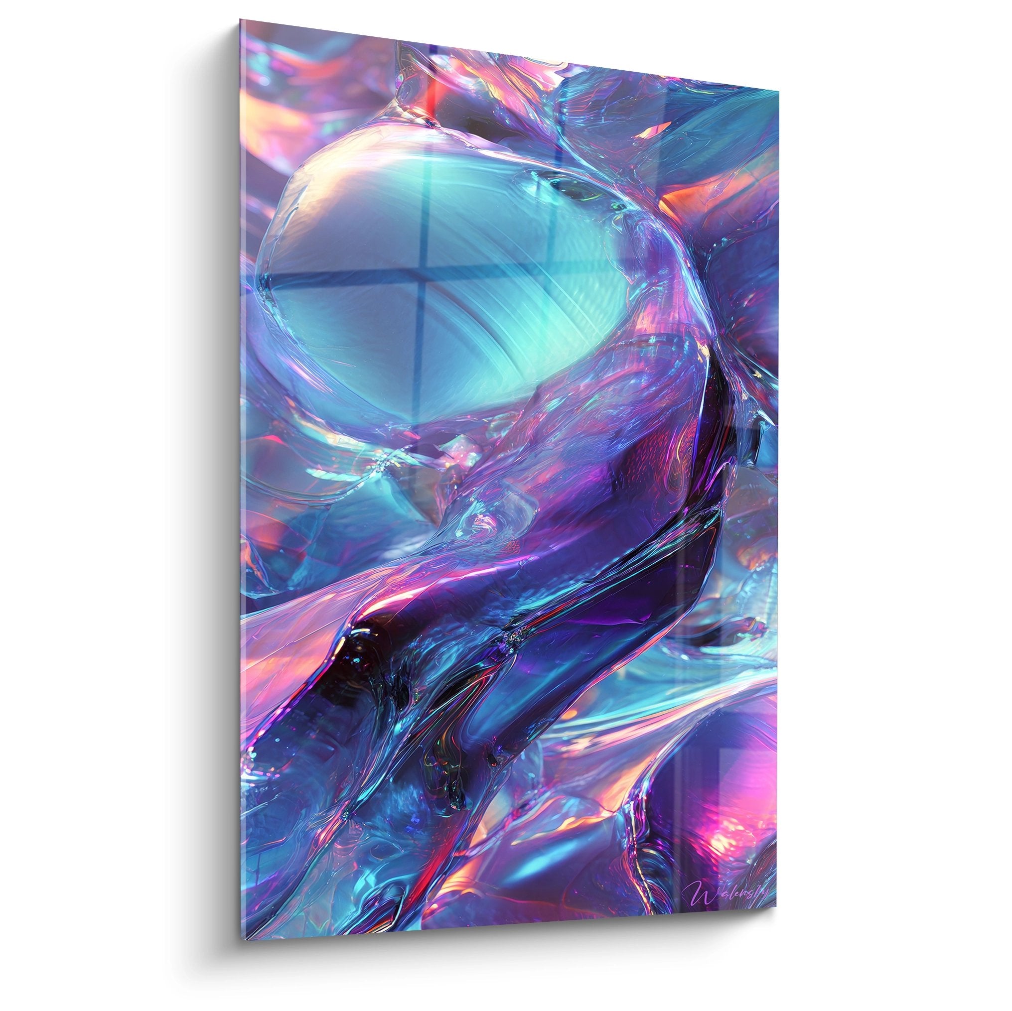 Tableau mural futurisme abstrait formes cristallines irisées reflets lumineux art contemporain