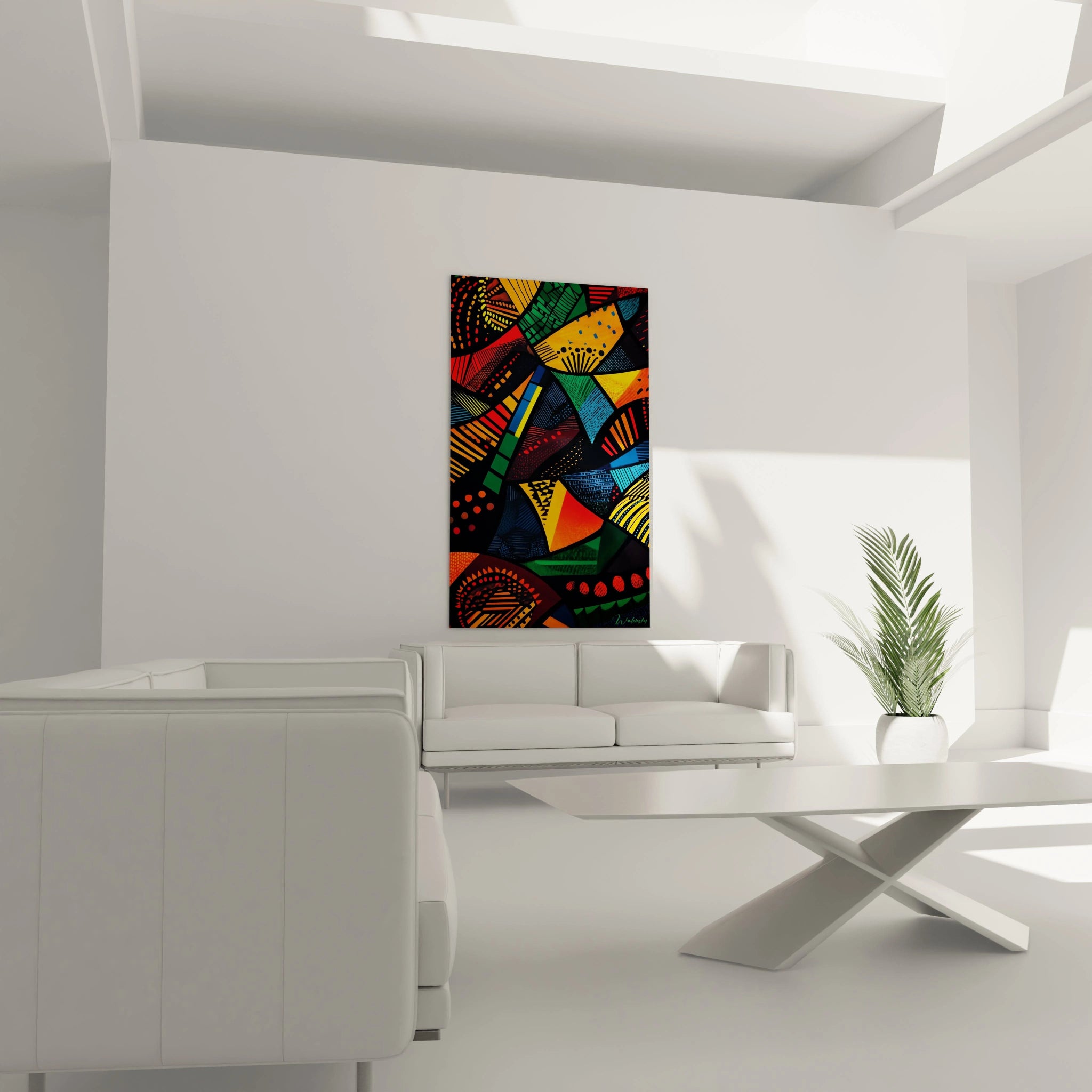 Tableau africain mural coloré de Walensky dans un salon moderne avec canapé blanc et plante verte
