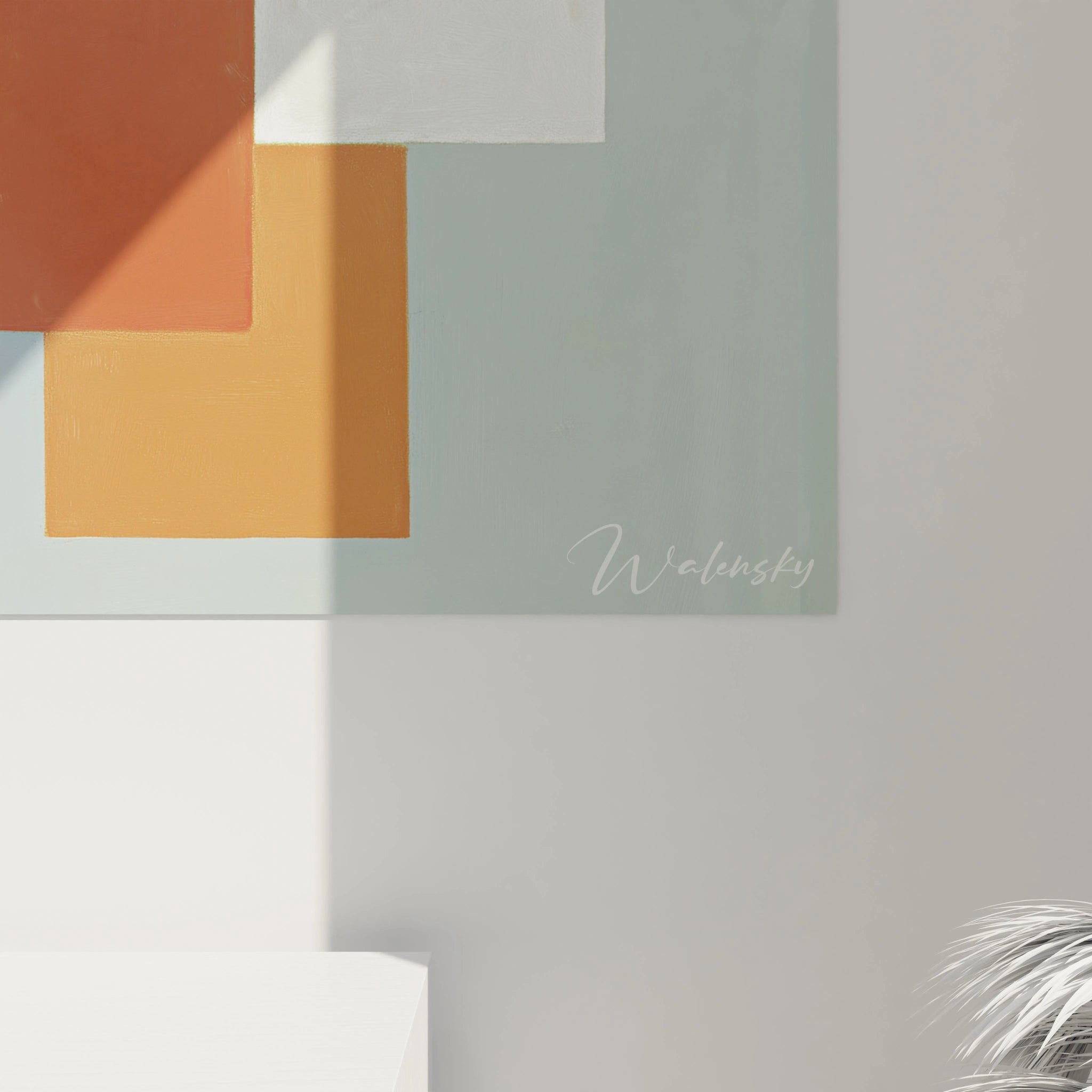 Tableau constructivisme abstraction Walensky mural minimaliste avec rectangles orange jaune blanc sur fond vert pale et ombre