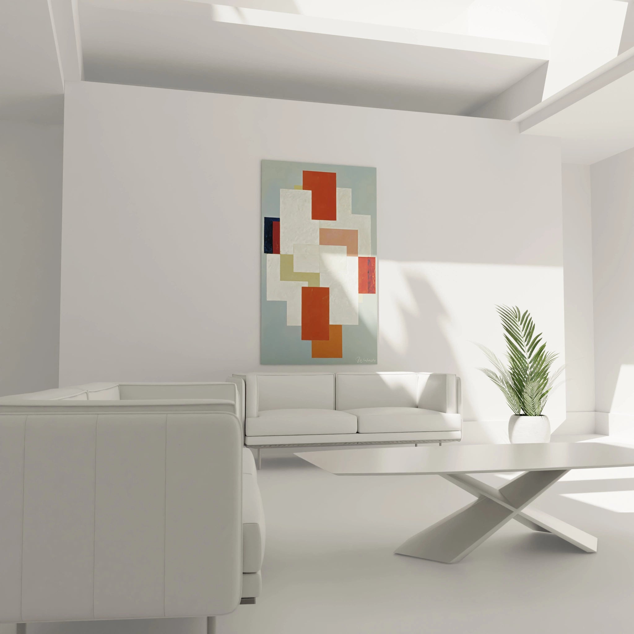 tableau constructivisme abstraction Walensky mural aux formes geometriques orange rouge et beige dans salon minimaliste