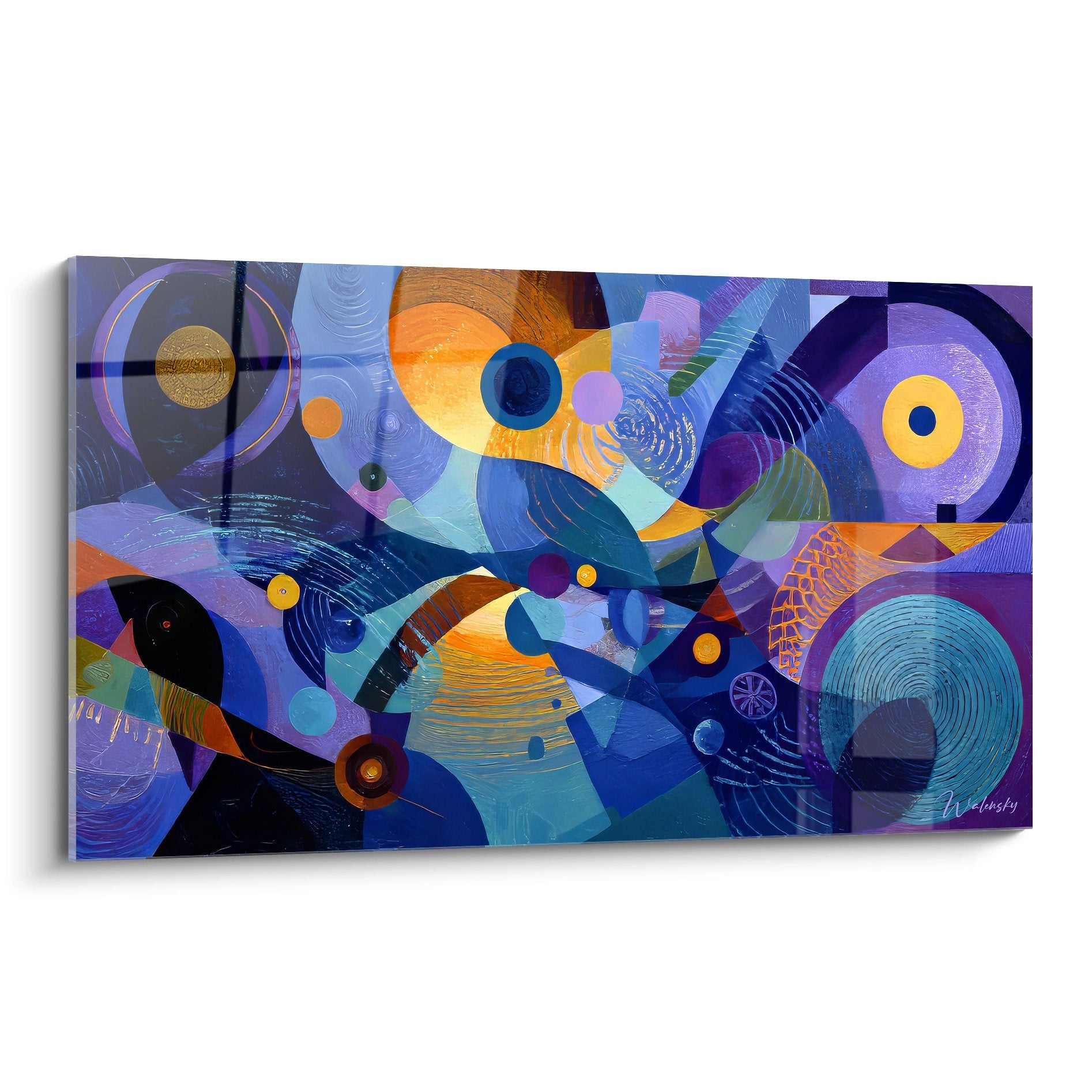 Tableau mural futurisme abstrait avec formes géométriques circulaires colorées en bleu orange violet