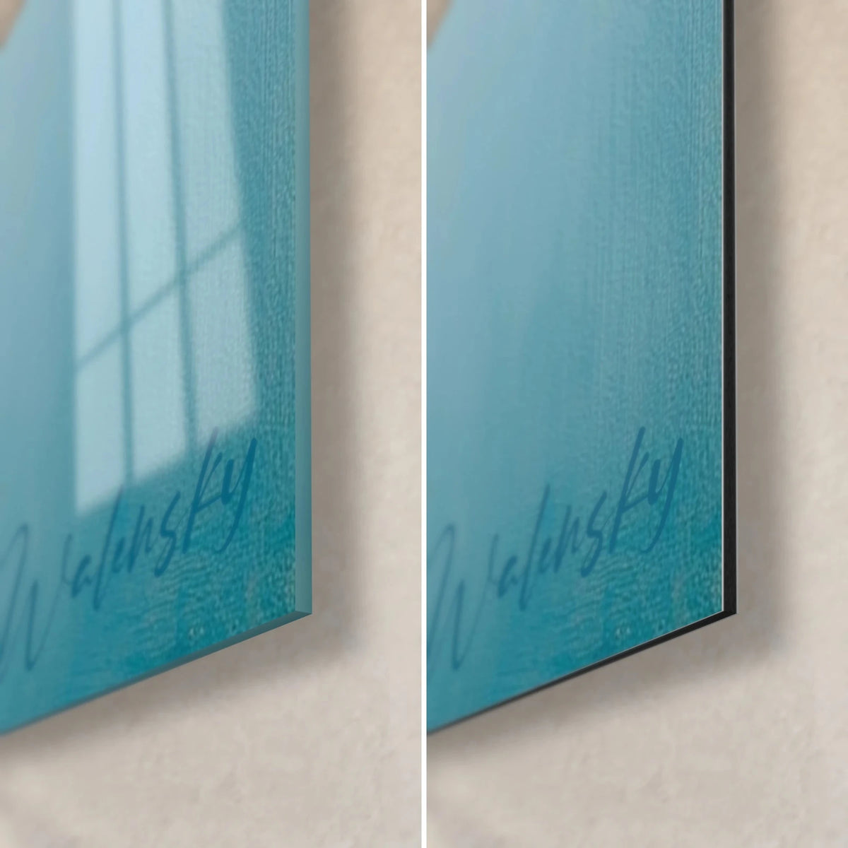 Wall art with orange, red and sky-blue squares, bottom right corner, Walensky signature, glossy glass and matte Dibond, 3 mm thickness