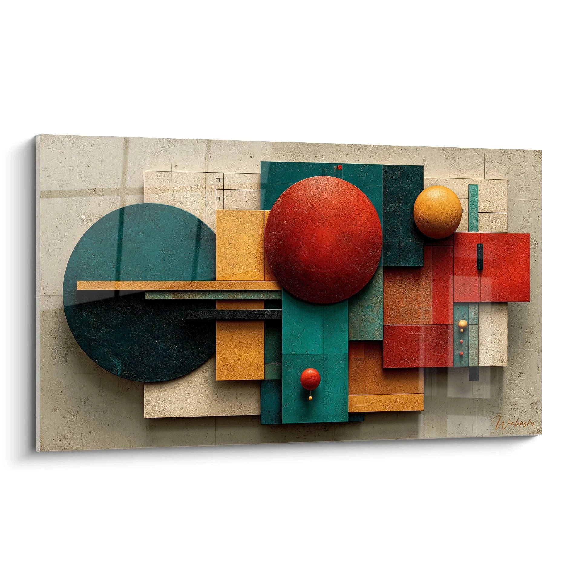 Walensky tableau formes géométriques Bauhaus mural moderne en bois et relief avec cercles et rectangles colorés
