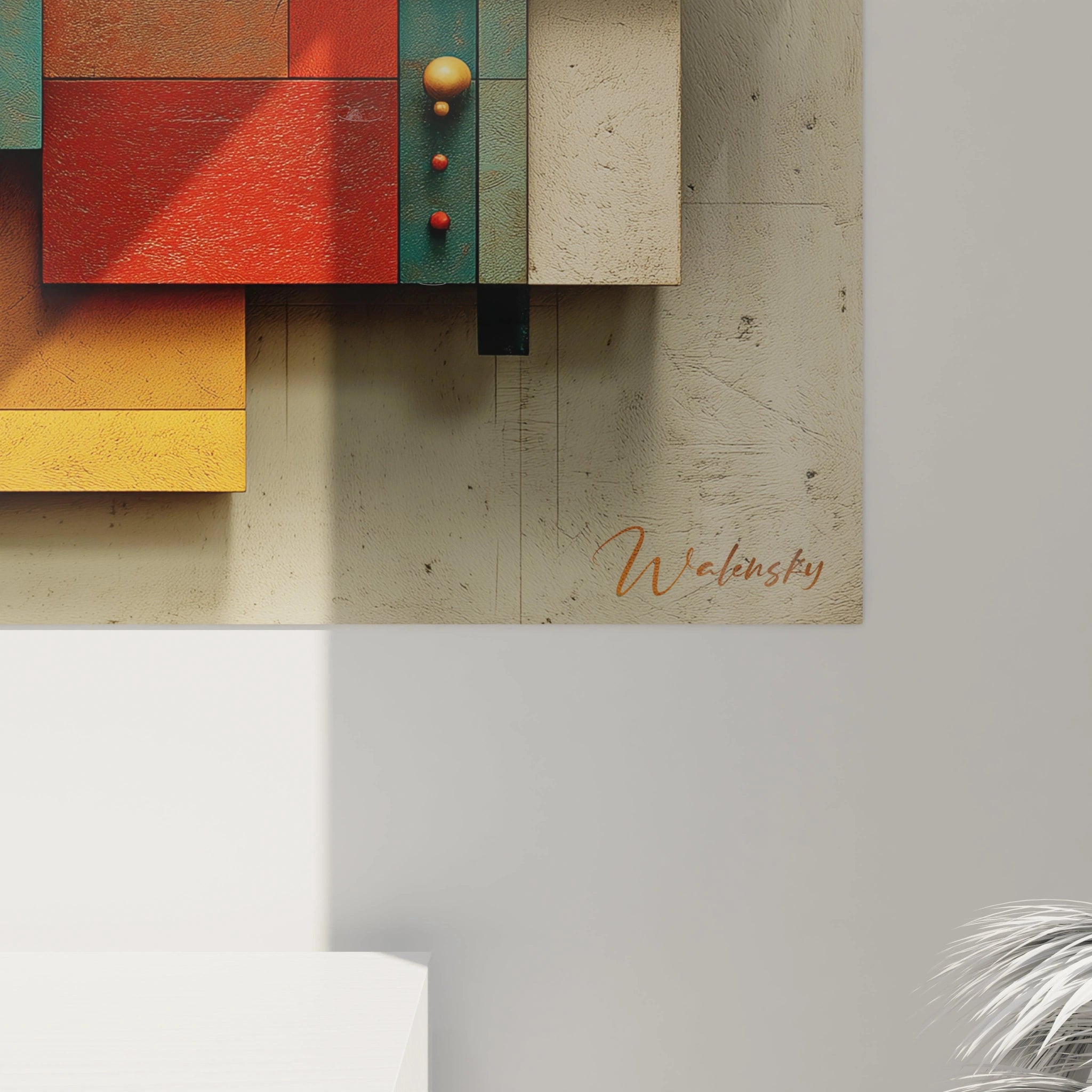 Tableau mural Walensky abstrait avec blocs texturés rouges verts jaunes et signature tableau formes géométriques Bauhaus