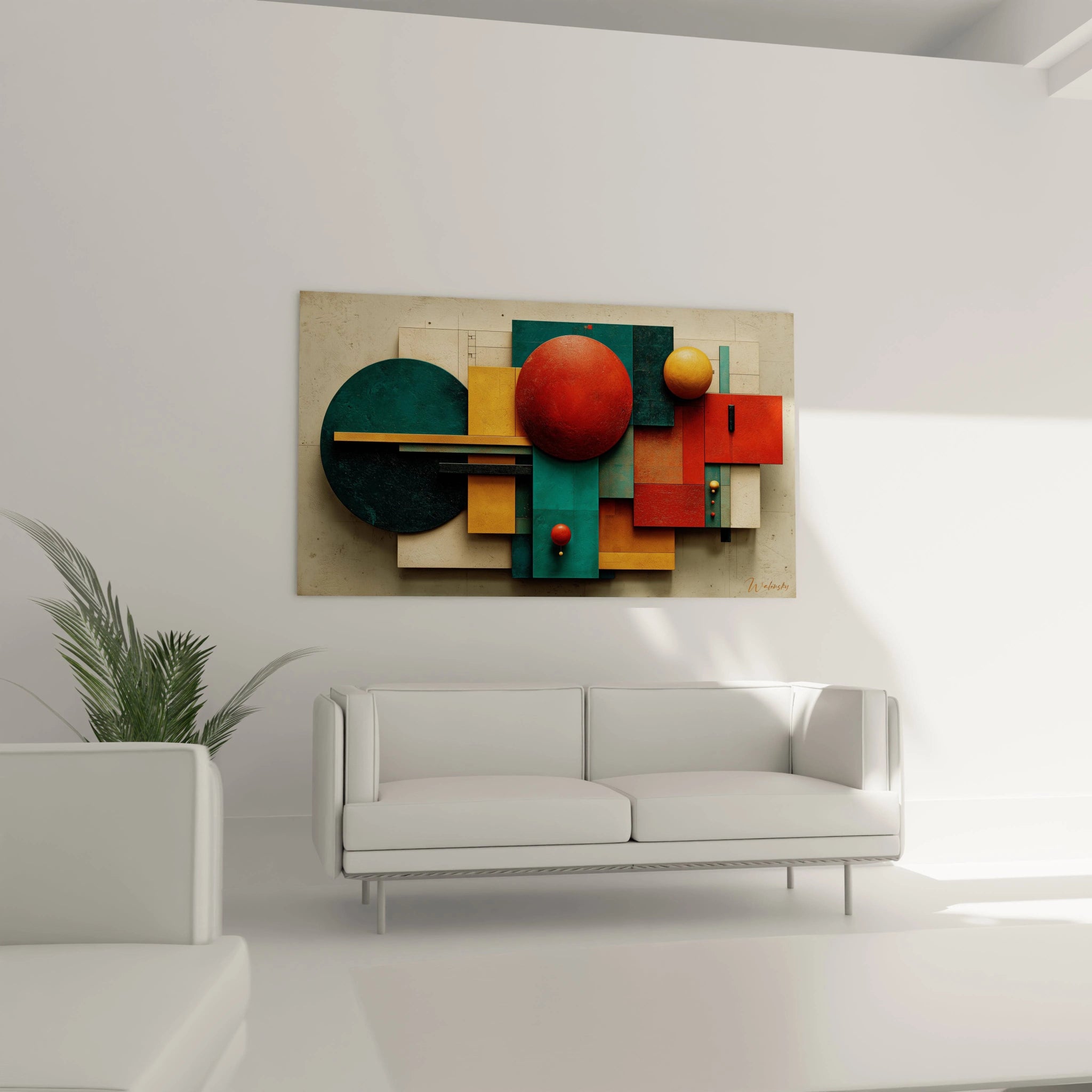 Tableau mural Walensky présentant tableau formes géométriques Bauhaus en relief rouge vert bleu jaune au dessus d un canapé blanc