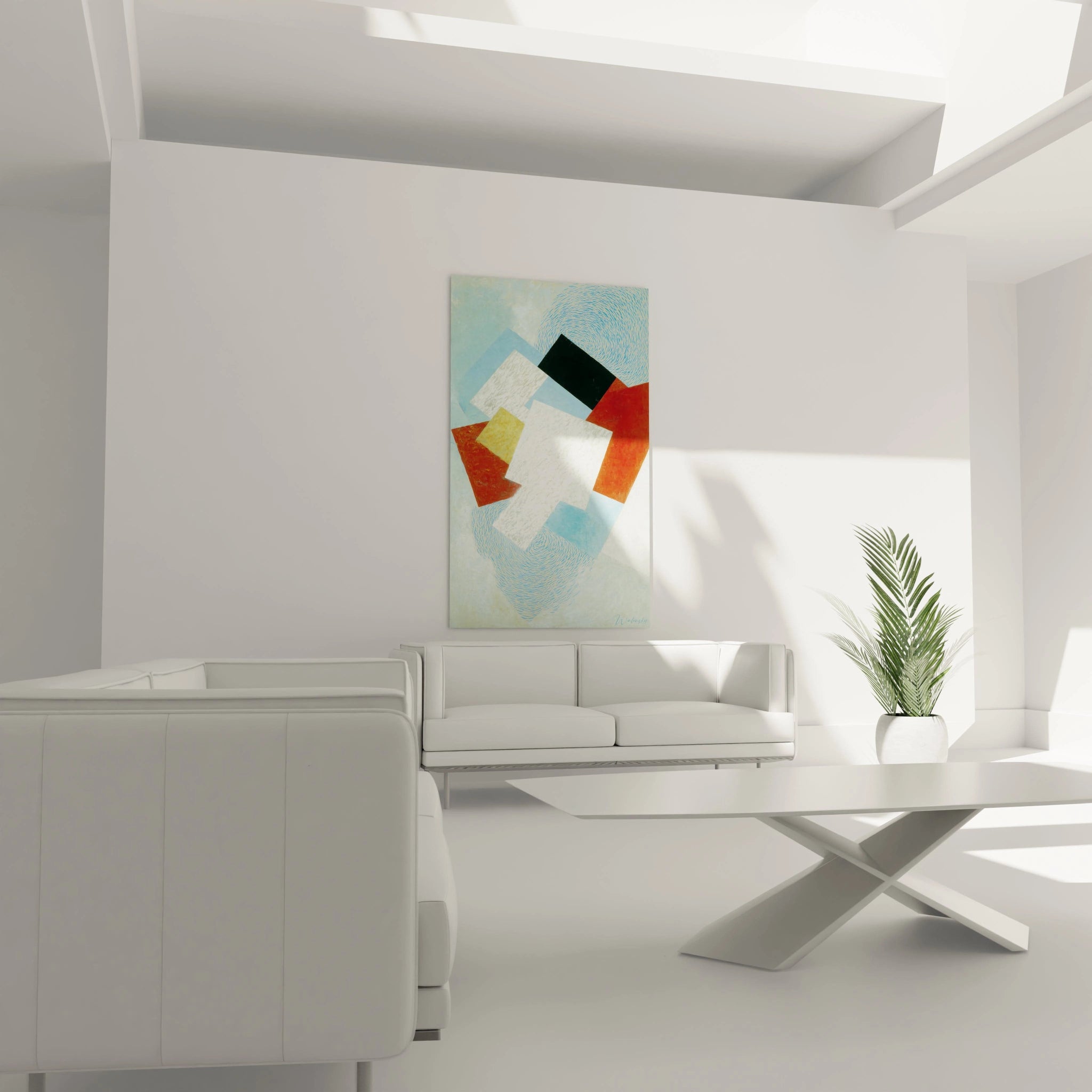 Walensky tableau constructivisme géométrique abstrait aux formes colorées accroché au mur au dessus d un canapé blanc