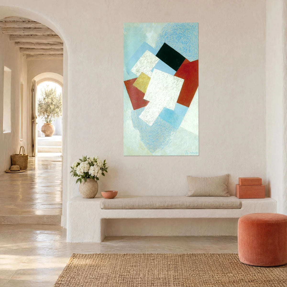 Tableau composition géométrique asymétrique, carrés jaune ocre et bleu glacier autour d'un noir, en vue de trois-quarts au-dessus d'une banquette en plâtre