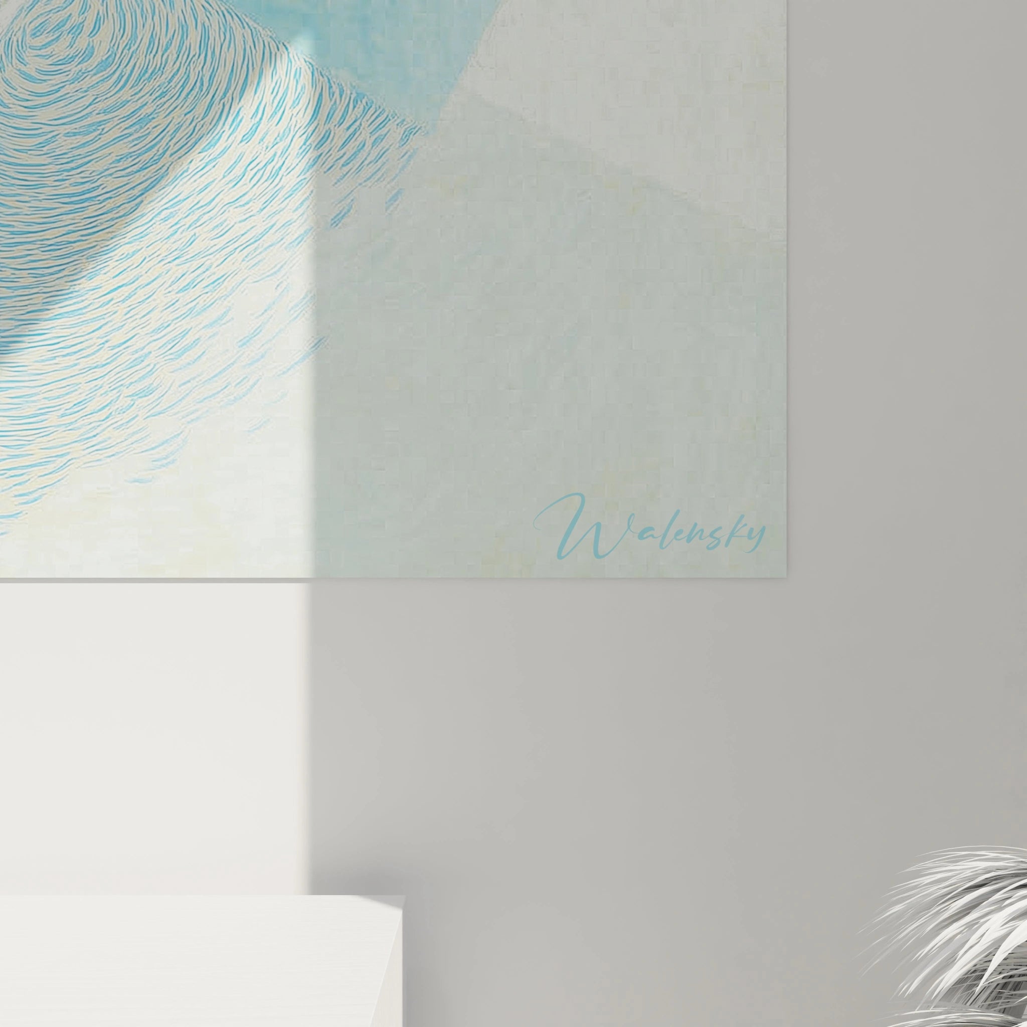 Tableau constructivisme géométrique Walensky mural pastel bleu et beige avec signature sur coin