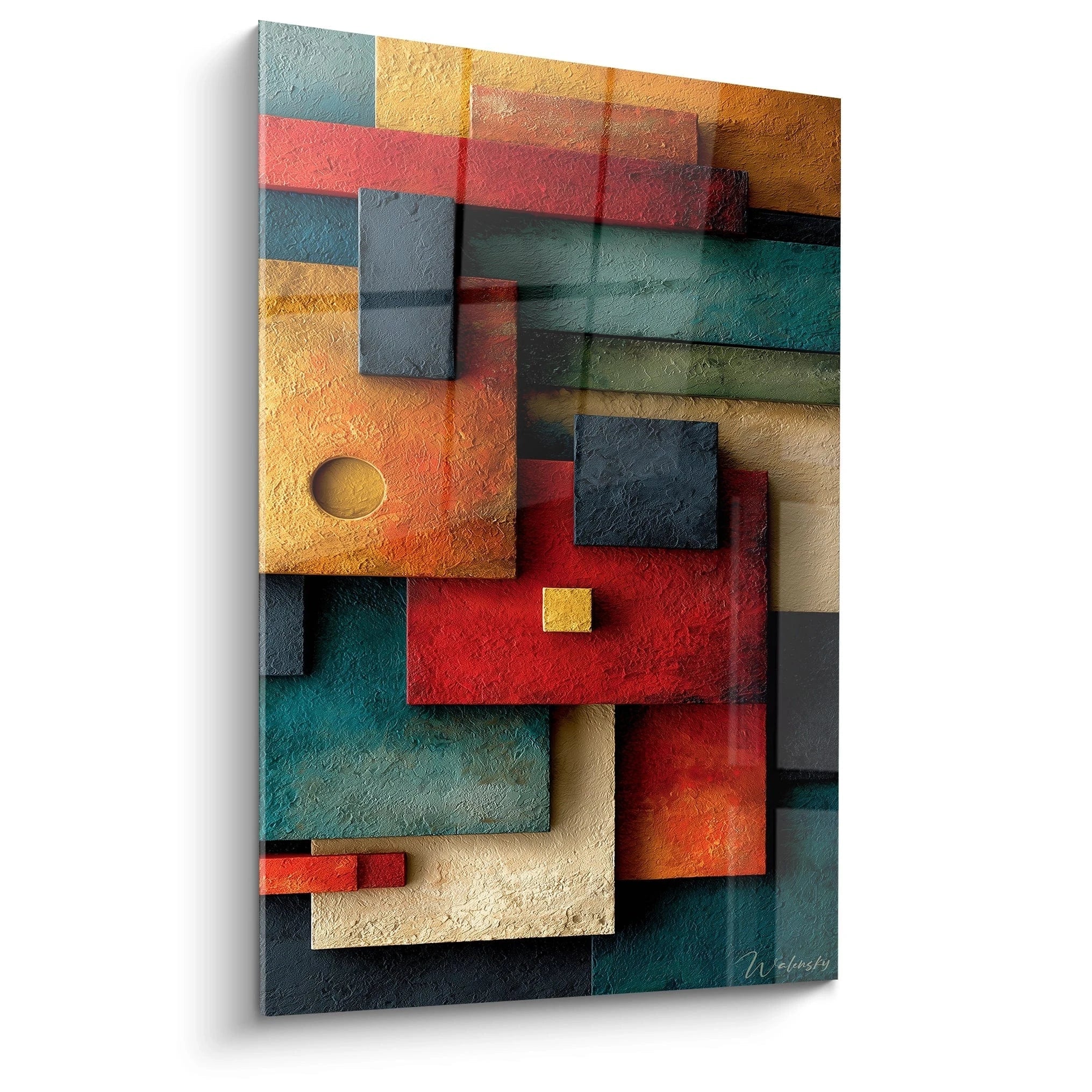 Walensky tableau géométrique Bauhaus mural coloré en relief avec formes rectangulaires superposées