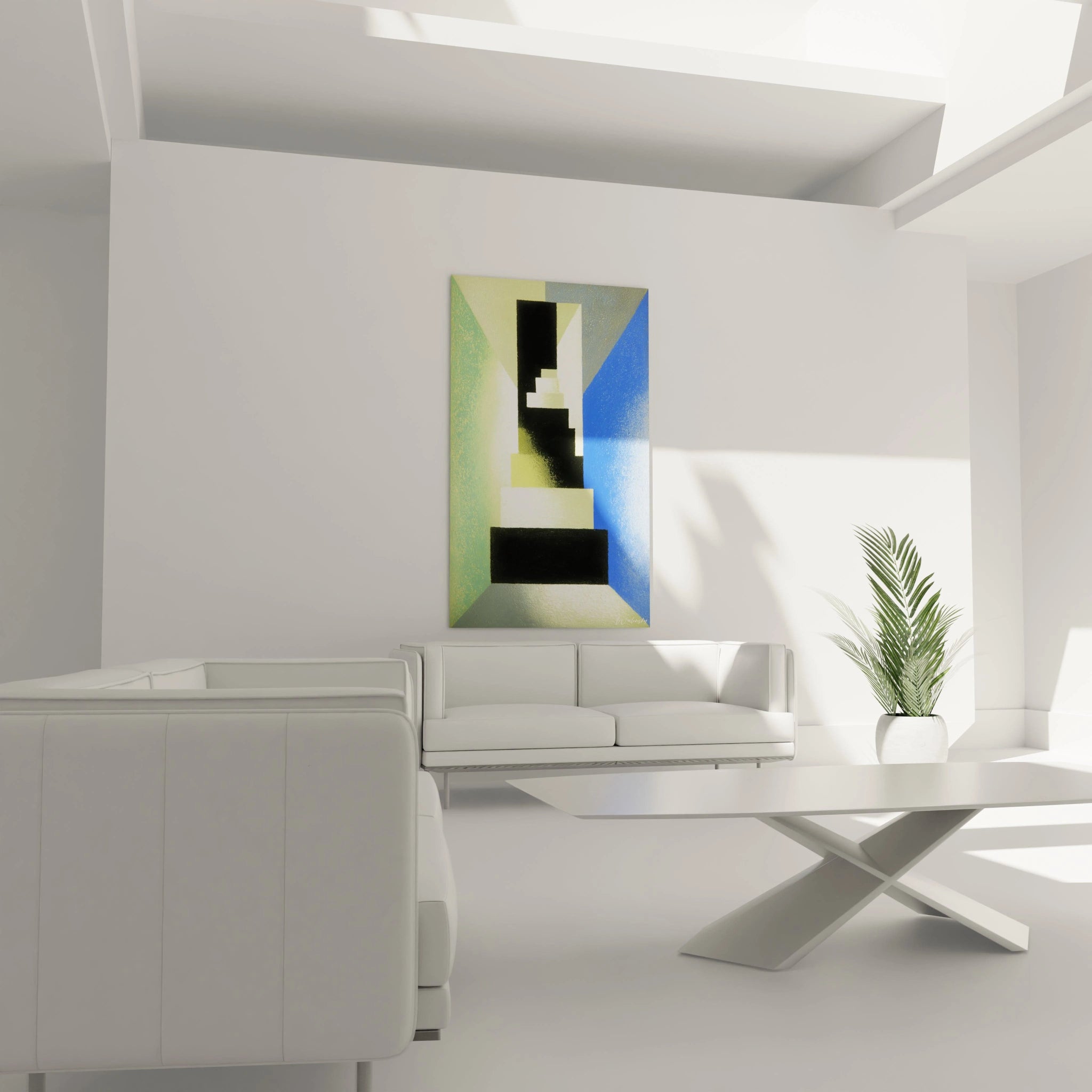 Tableau Walensky abstrait vert bleu noir jaune au dessus d un sofa blanc salon tableau formes géométriques constructivisme