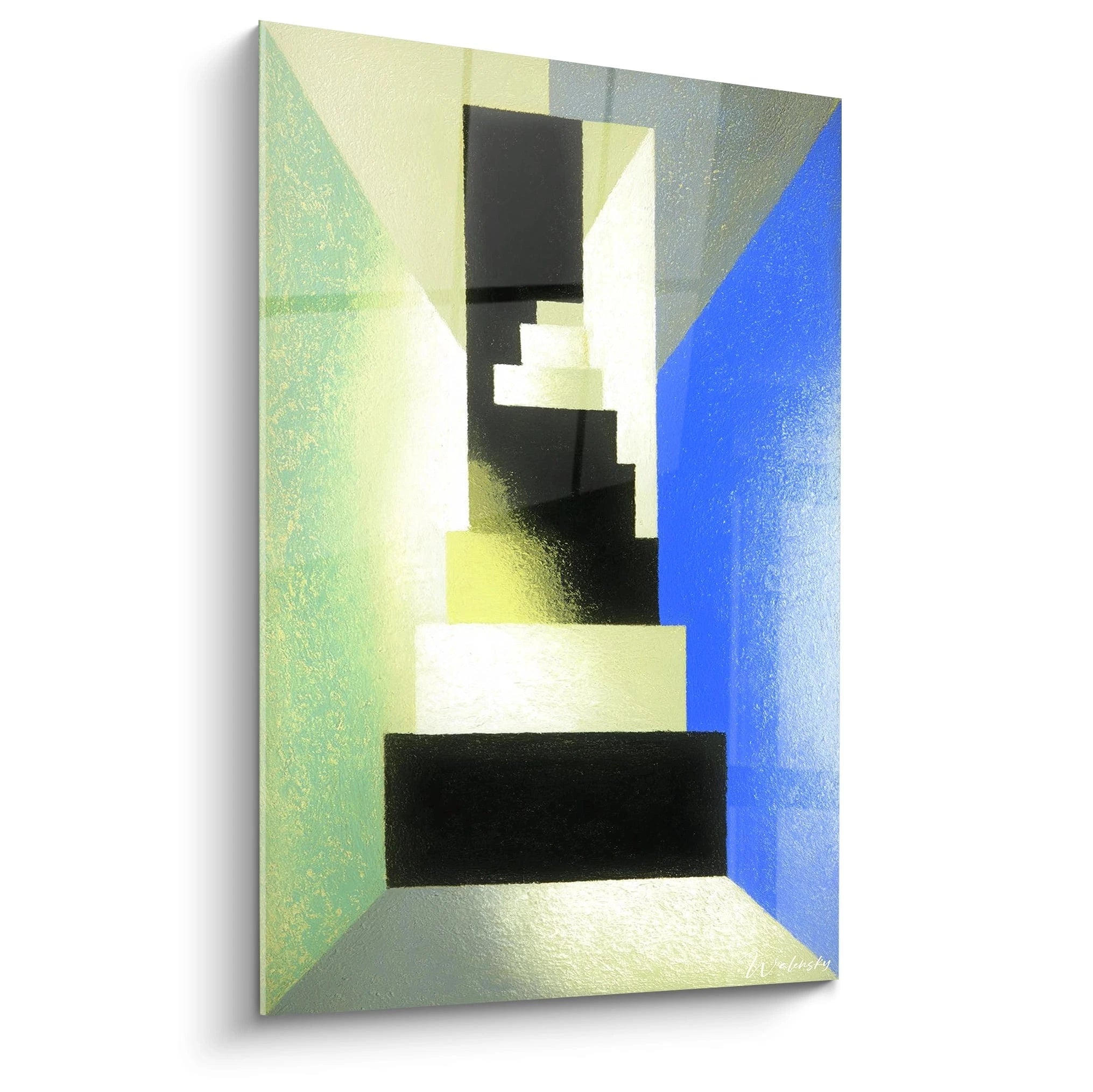 Tableau mural Walensky tableau formes géométriques constructivisme escalier abstrait en tons bleu vert et noir