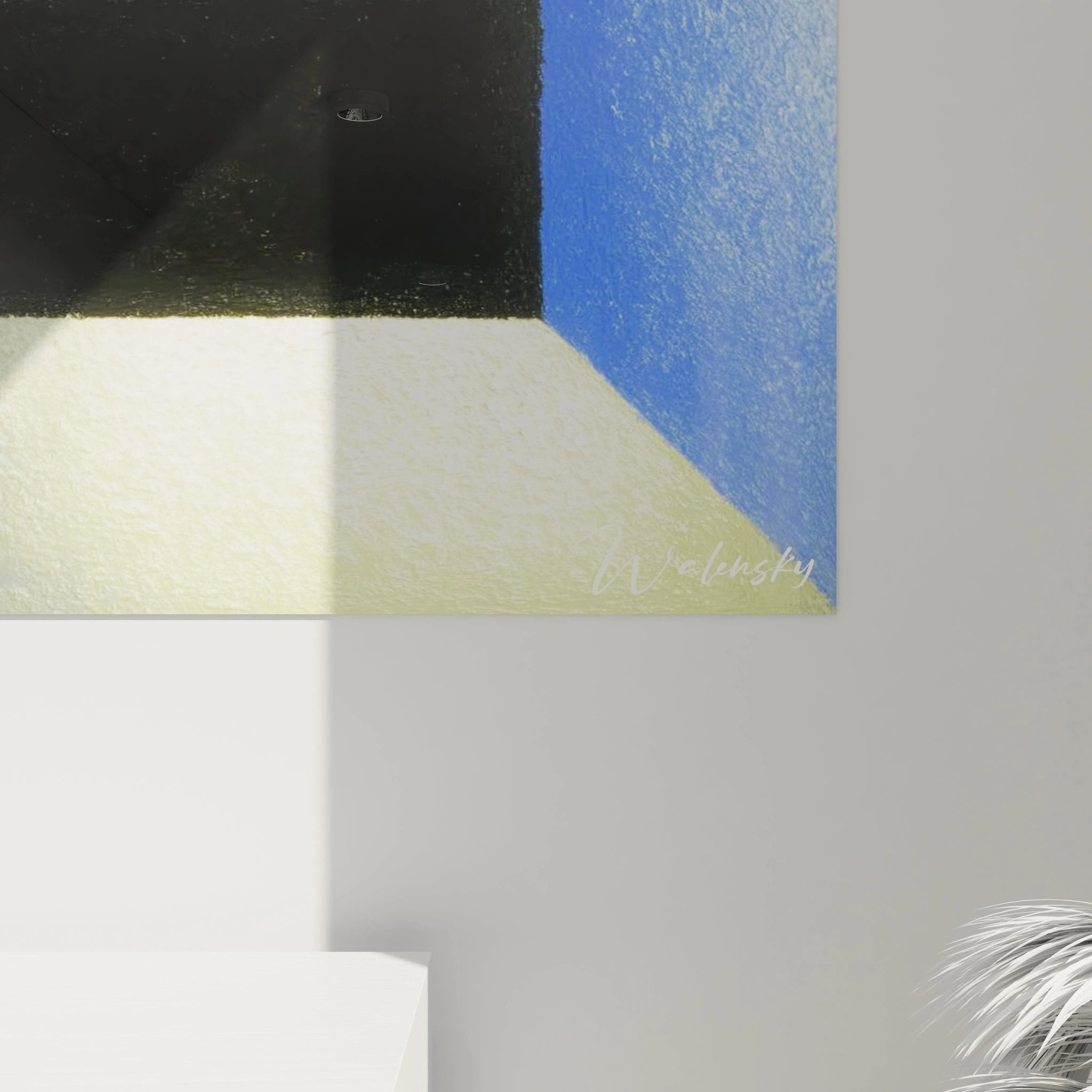 Walensky tableau formes géométriques constructivisme abstrait mural coin peint noir bleu beige signé