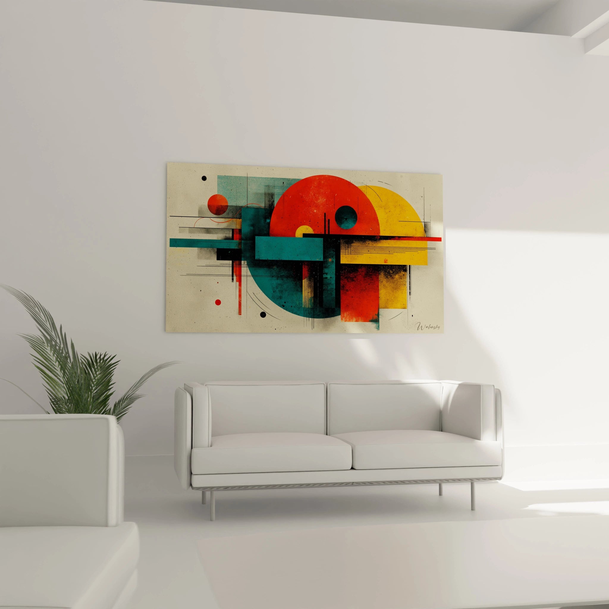 tableau Bauhaus formes géométriques mural Walensky avec cercles et rectangles colorés pour salon