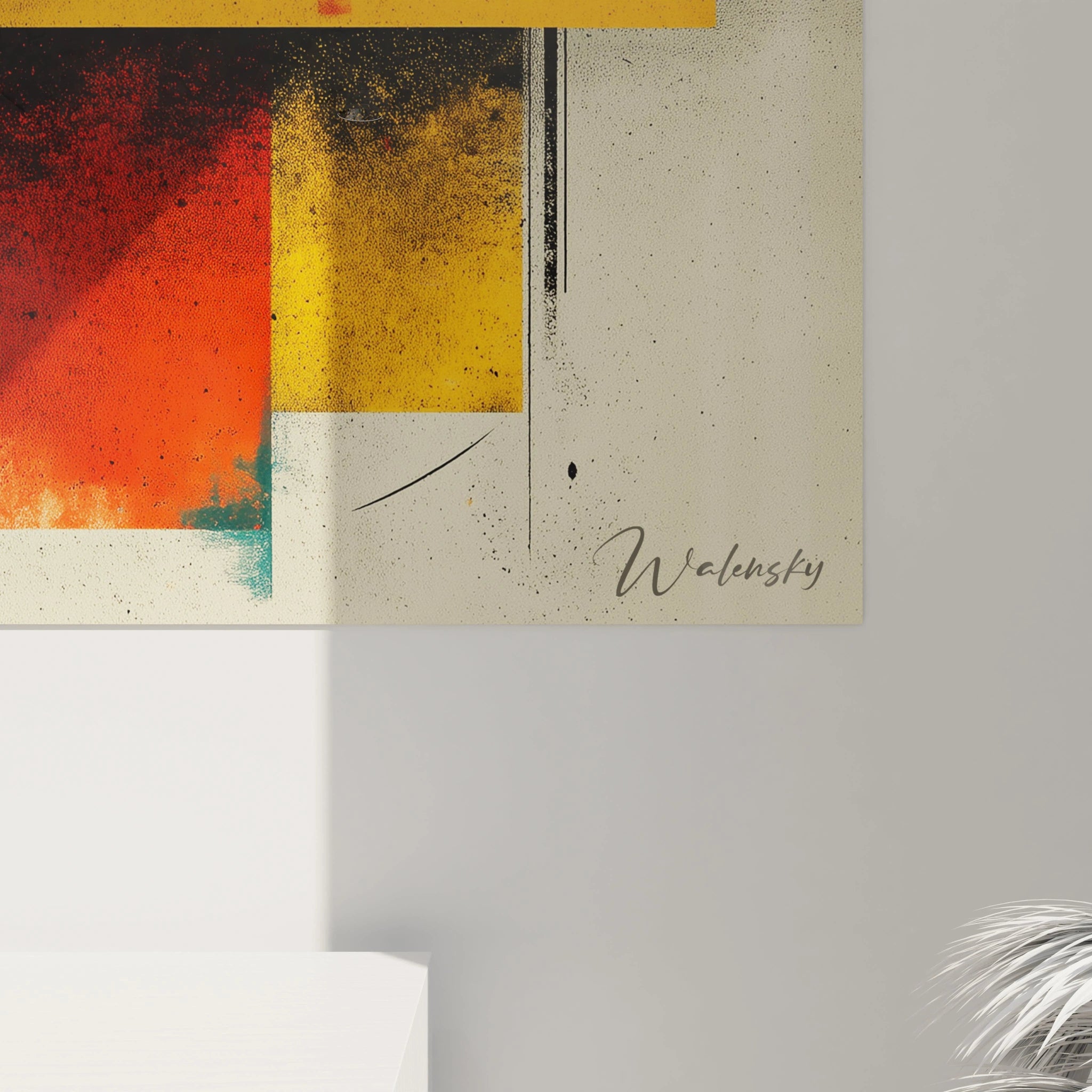 Tableau mural Walensky abstrait avec blocs rouge jaune bleu et lignes noires, tableau Bauhaus formes géométriques