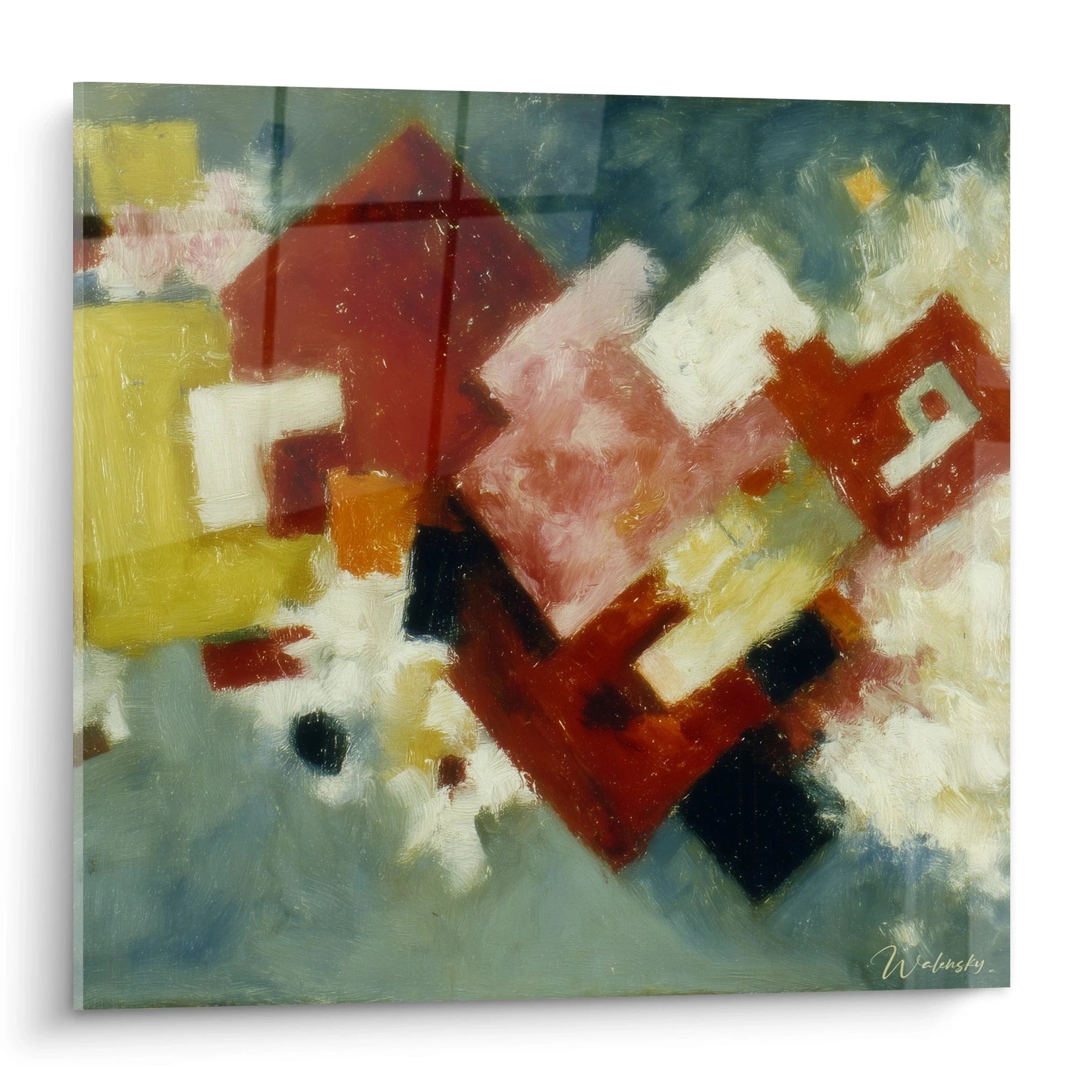 tableau formes géométriques moderne Walensky peinture murale abstraite en tons rouge jaune et bleu