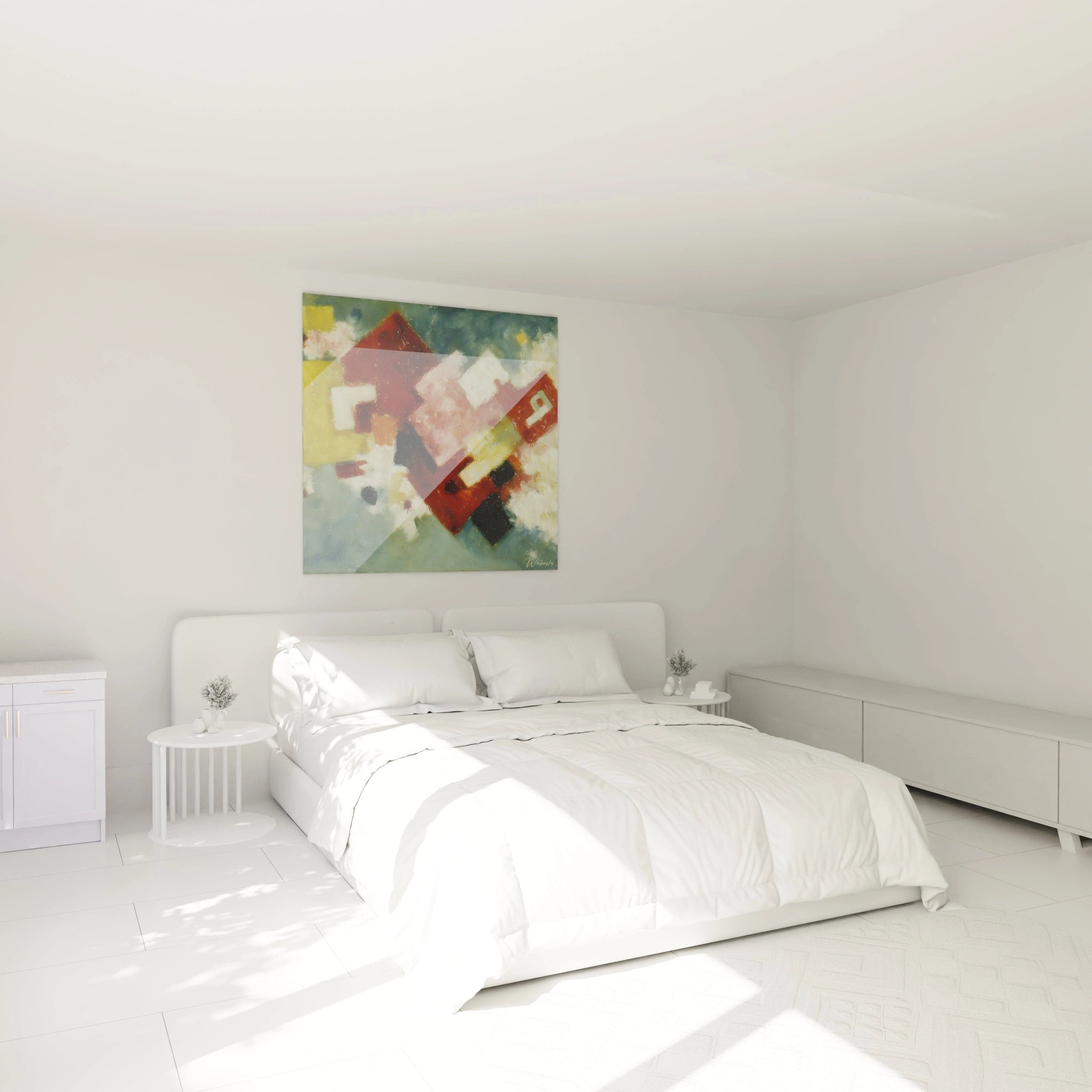 Tableau mural Walensky tableau formes géométriques moderne accroché au dessus d un lit blanc dans une chambre minimaliste