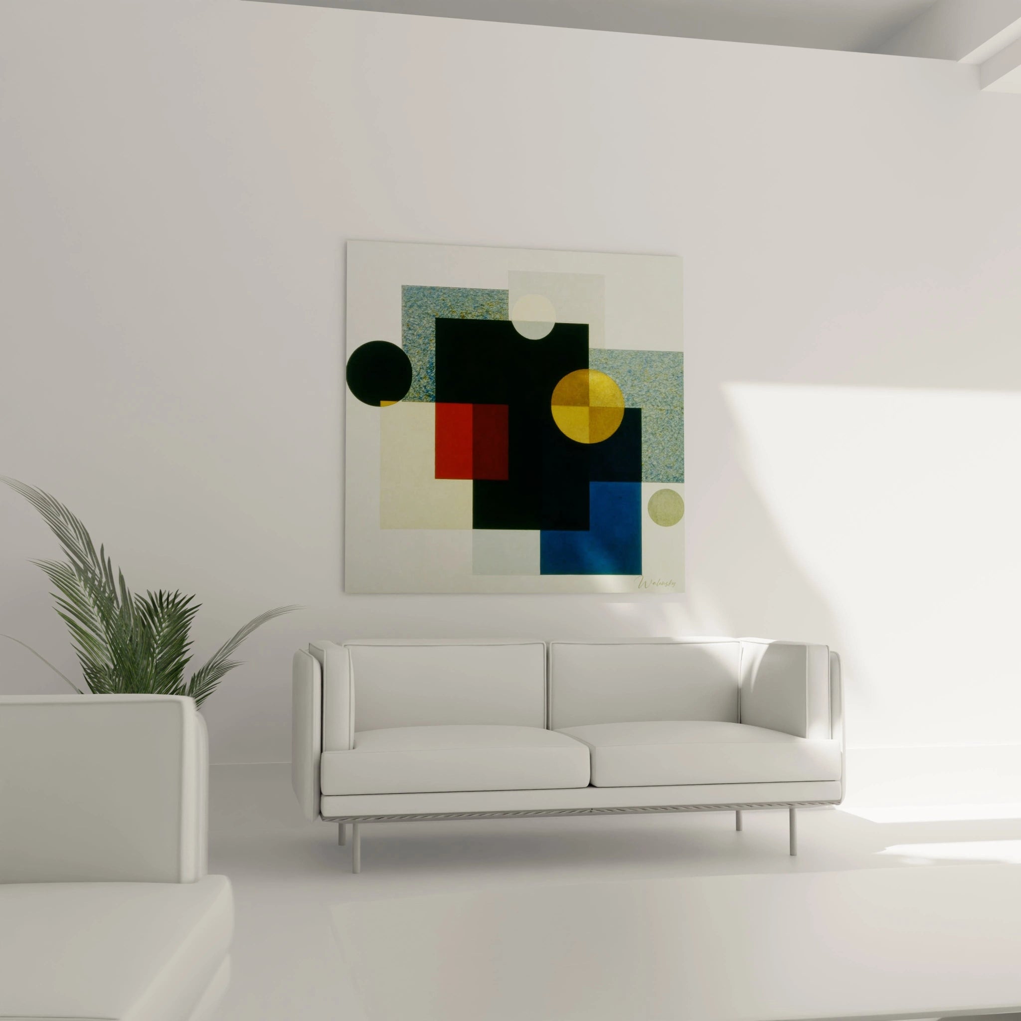 Tableau Walensky moderne accroché au mur d un salon blanc minimaliste avec motifs abstraits et tableau formes géométriques design