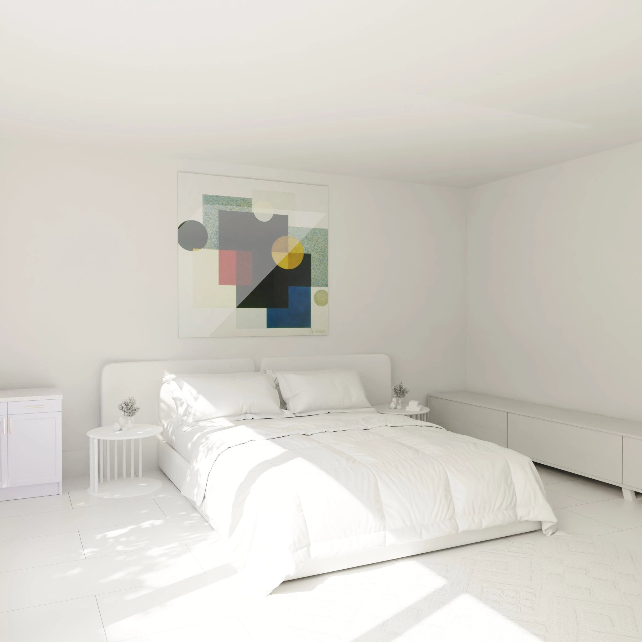 tableau formes géométriques design Walensky accroche murale chambre minimaliste blanc lit double art abstrait