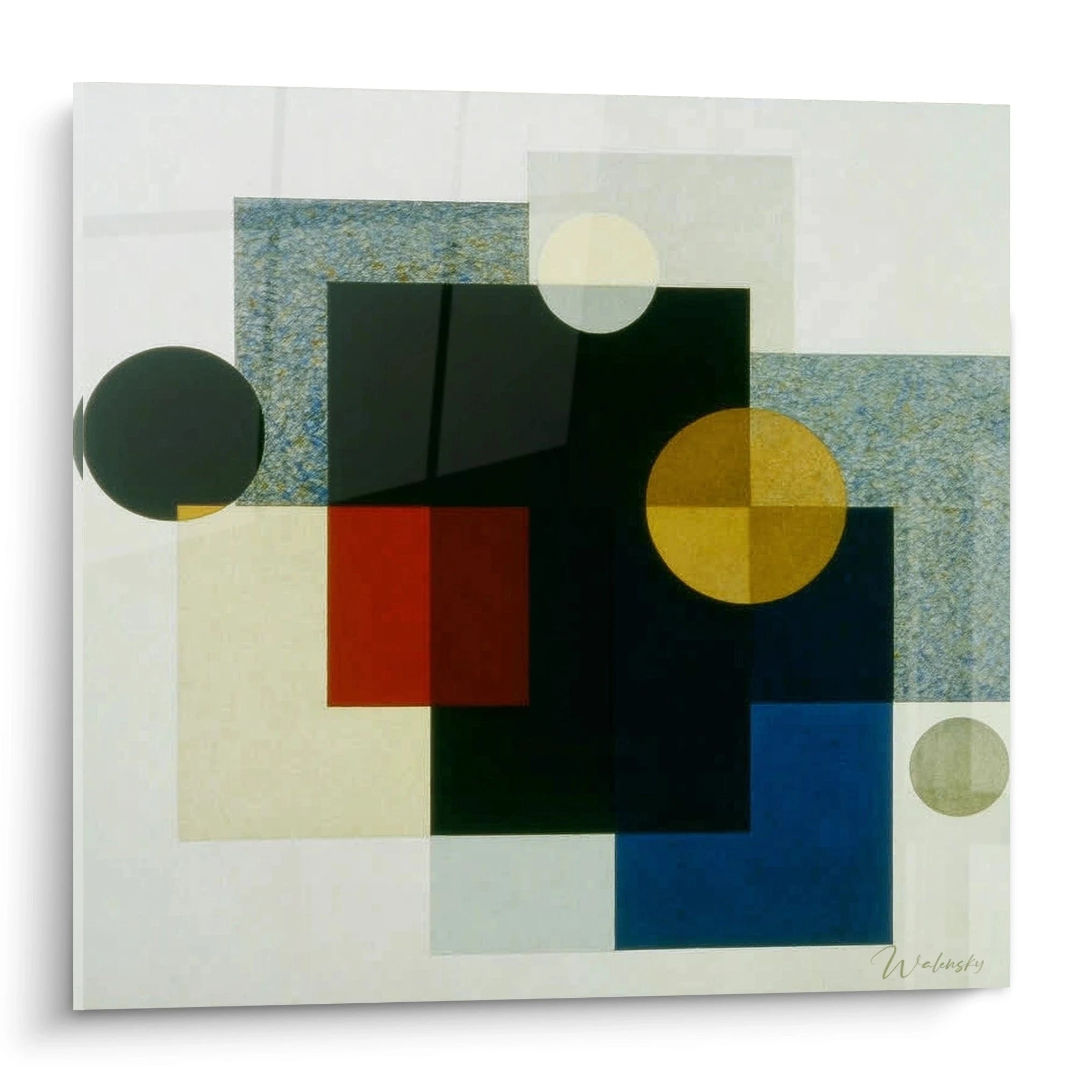 Tableau mural Walensky abstrait avec carrés et cercles colorés sur fond neutre tableau formes géométriques design