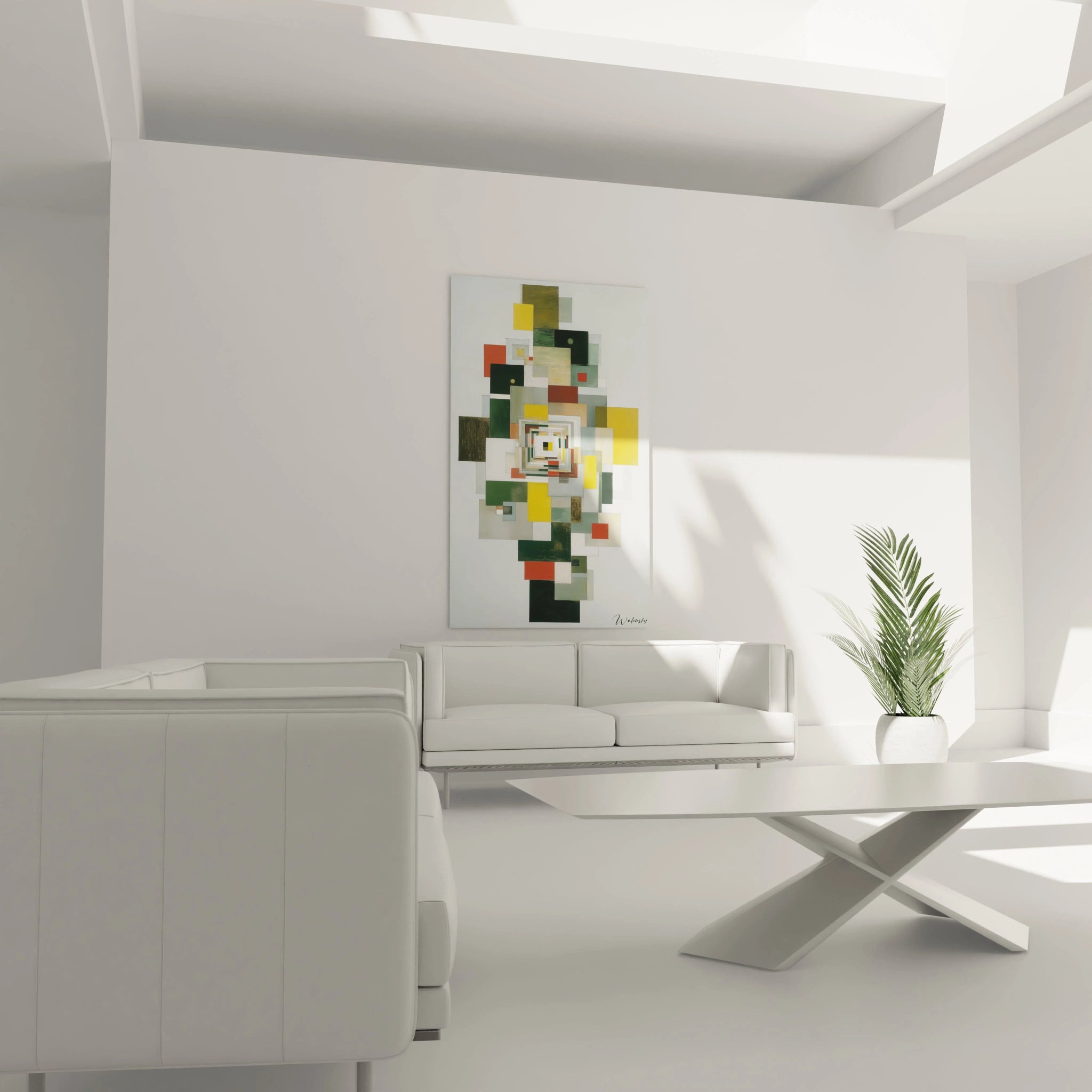 Tableau mural Walensky avec tableau formes géométriques abstrait vert jaune orange au dessus du canapé blanc moderne